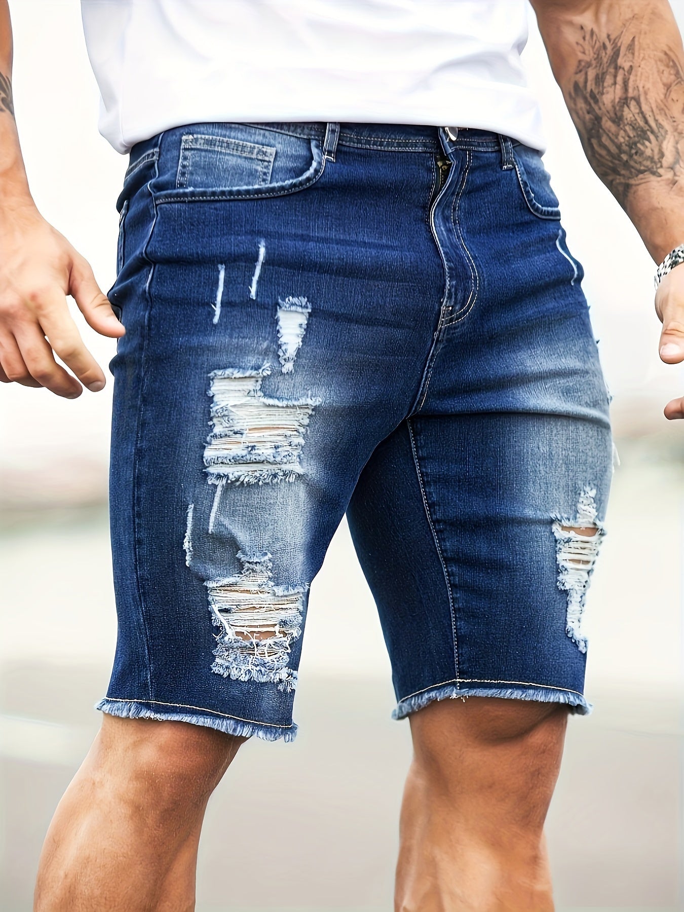 Men's Solid Ripped Denim Shorts For Summer, Trendy Casual Slim Fit Jorts