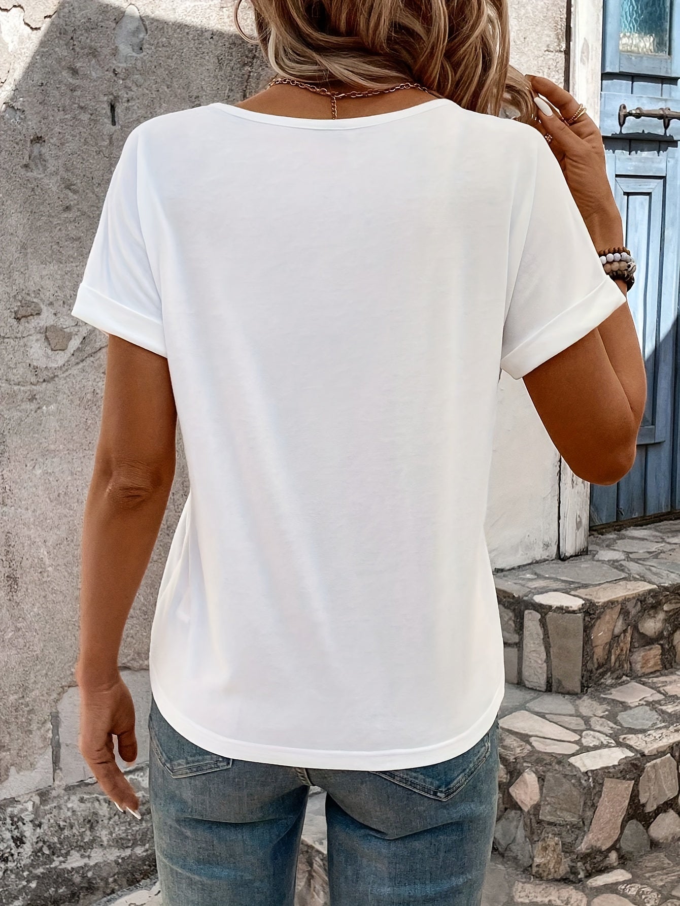 Asymmetrical Neck Solid Color T-Shirt, Elegant Short Sleeve T-Shirt For Spring & Summer, Women's Clothing