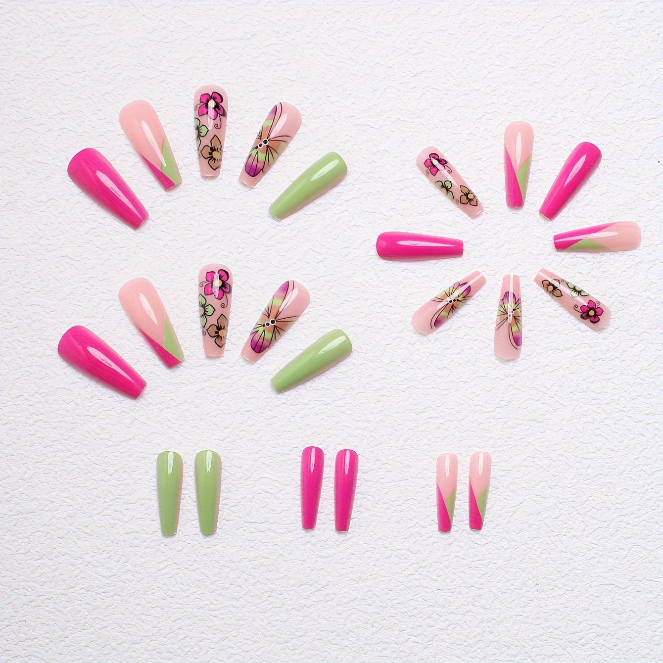 24pcs Mixed Color Ballet Shape Long Press On Nails with Butterfly & Floral Design, Glossy Finish False Nail Set with Jelly Glue and Nail File for Daily Wear
