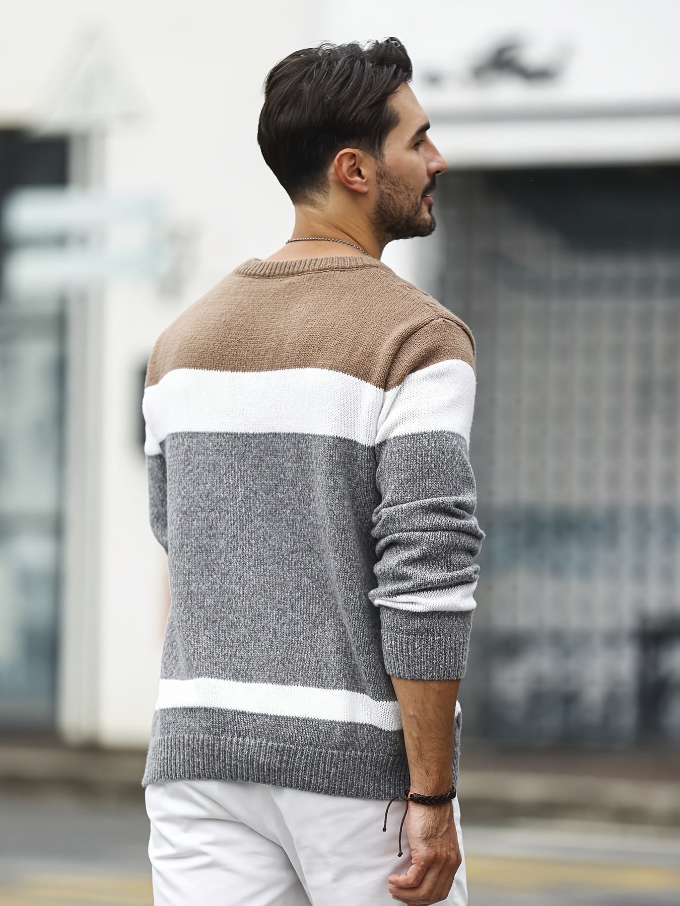 Men's Knit Pullover Sweater In Color Block Design – Crew Neck Long Sleeve Sweater For Fall/Winter