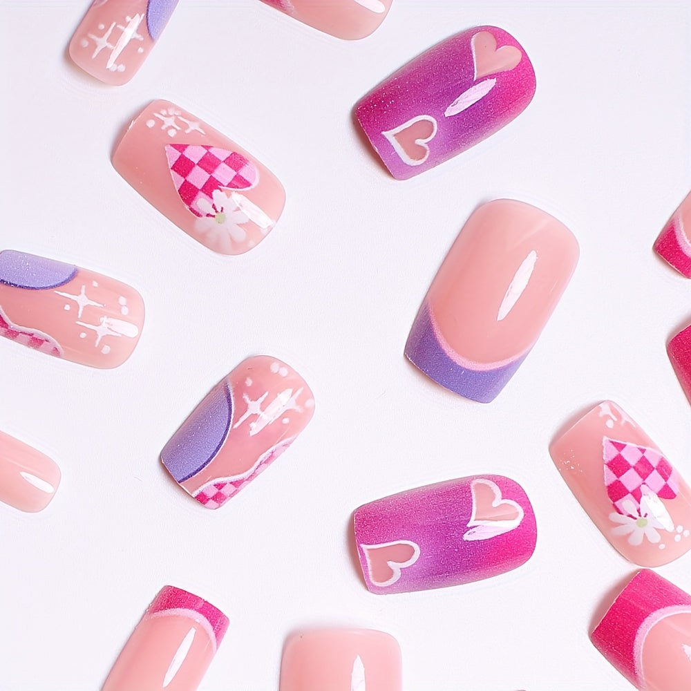 24pcs Set of Glossy Pink French Tip Press-On Nails with Heart & Floral Design - Long Square Shape, Perfect for Women and Girls
