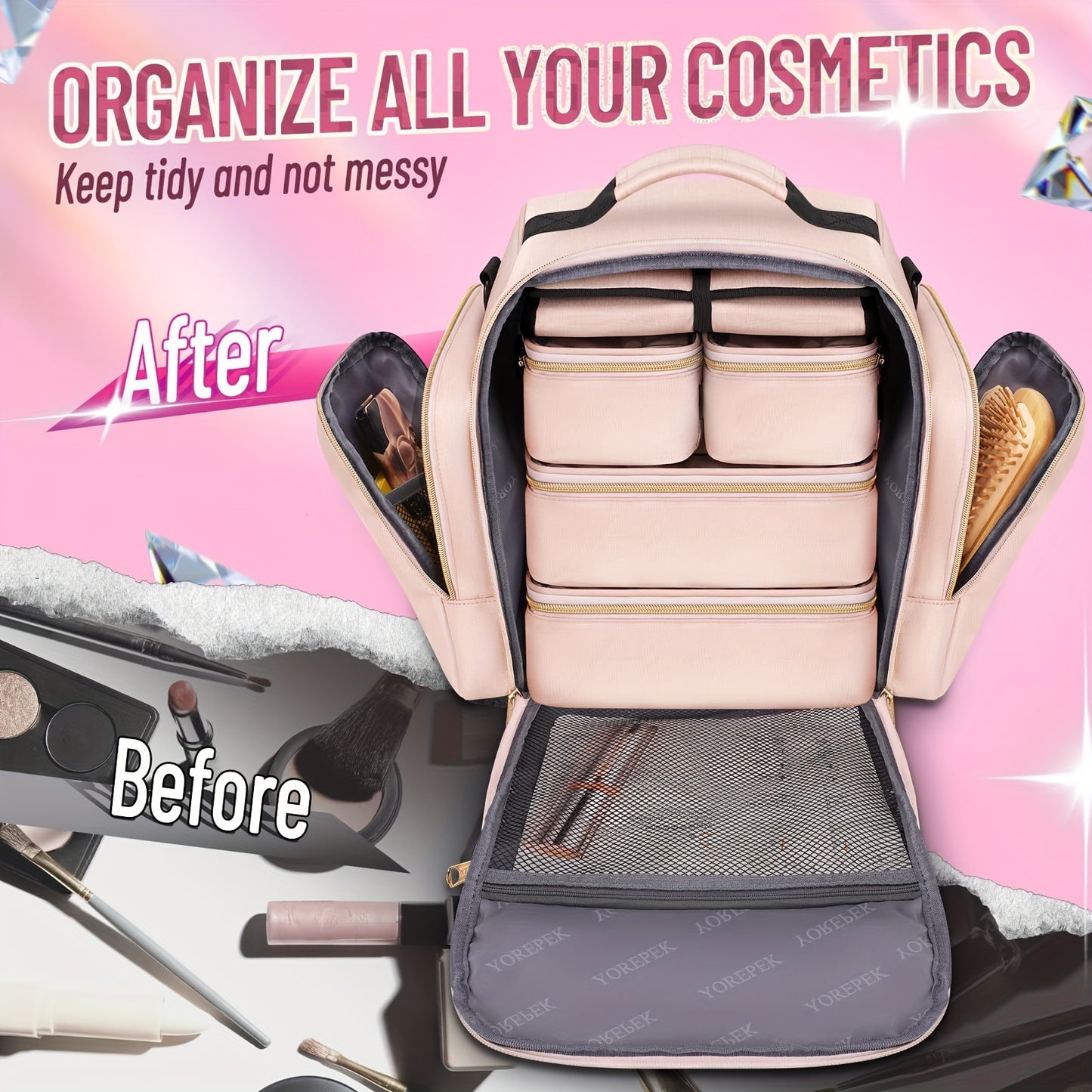YOREPEK Large Travel Makeup Bag with 4 Removable Compartments & Jewelry Pouch, Pink, Elegant Polyester Travel Organizer for Women's Cosmetics, Hair Tools, and Accessories