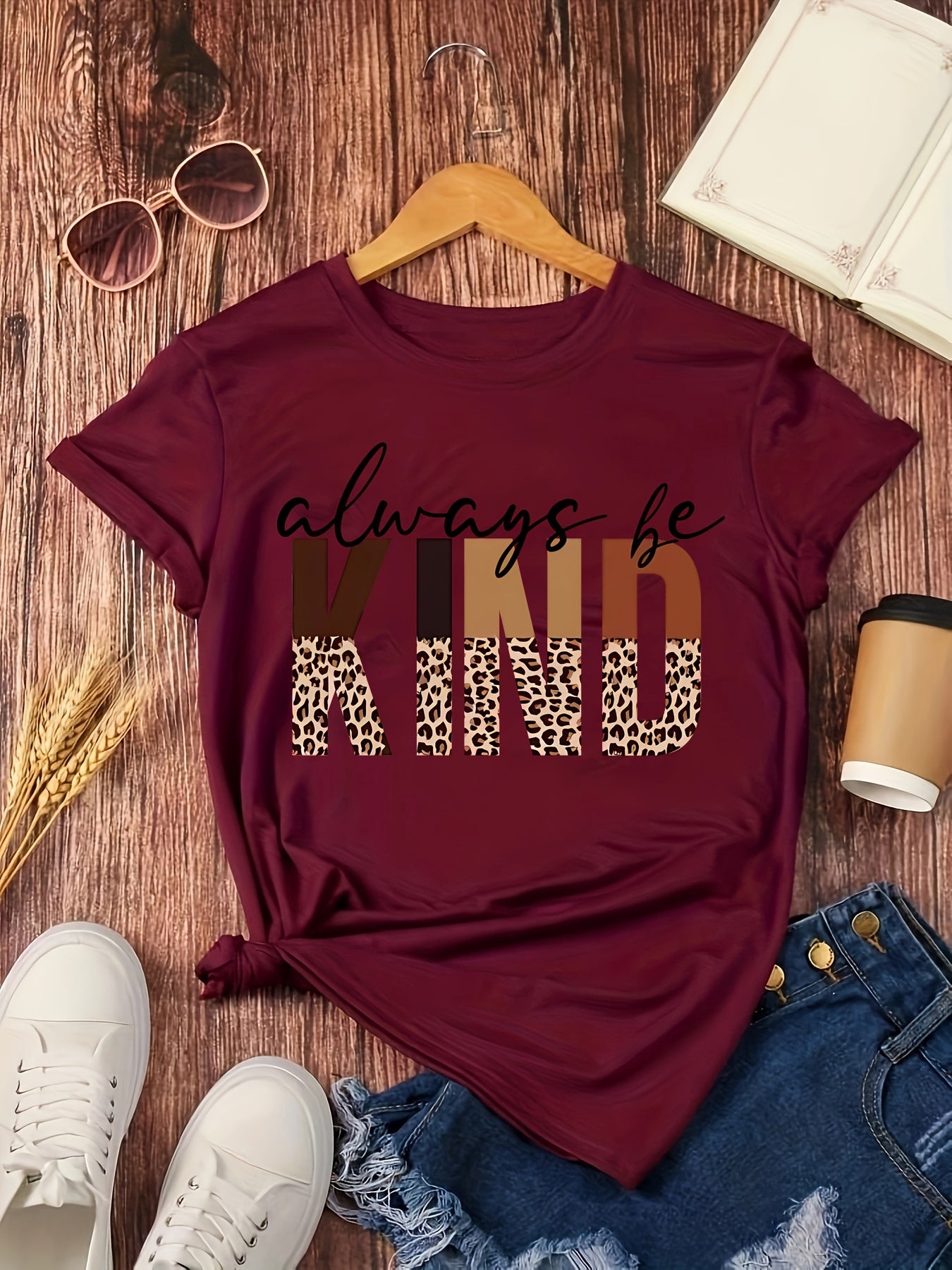 Kind Print Crew Neck T-Shirt, Casual Short Sleeve Top For Spring & Summer, Women's Clothing