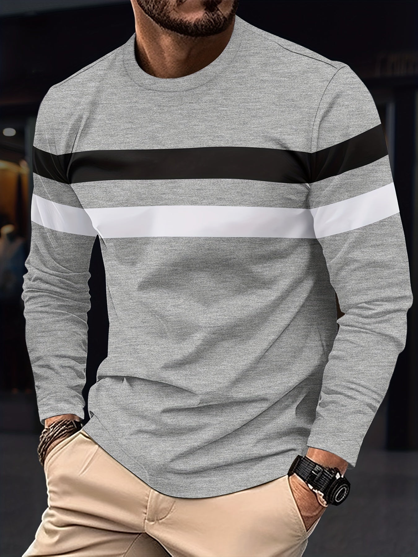 Men's Striped Color Blocking Sweatshirt, Casual Trendy Long Sleeve Sports Pullover As Gift