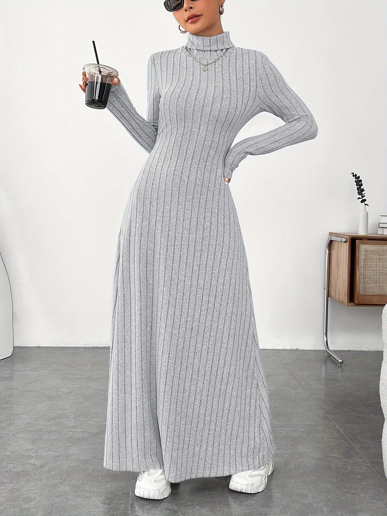 Solid Color Turtle Neck Ribbed Dress, Elegant Long Sleeve Flared Maxi Dress For Spring & Fall, Women's Clothing