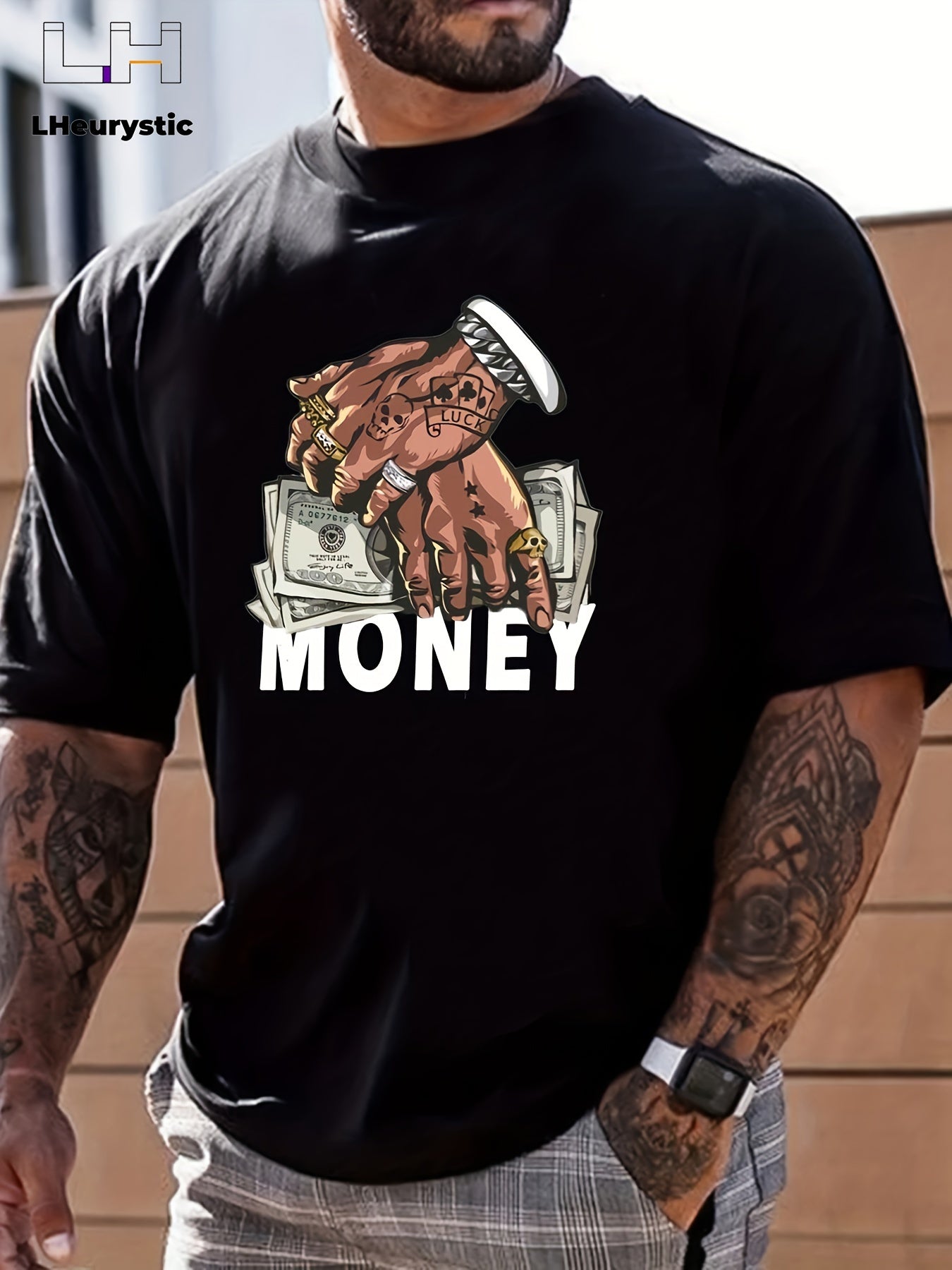 Cartoon Money & Hands Print, Men's Graphic Design Crew Neck Niche T-shirt, Casual Comfy Tees Tshirts For Summer, Men's Clothing Tops For Daily Vacation Resorts