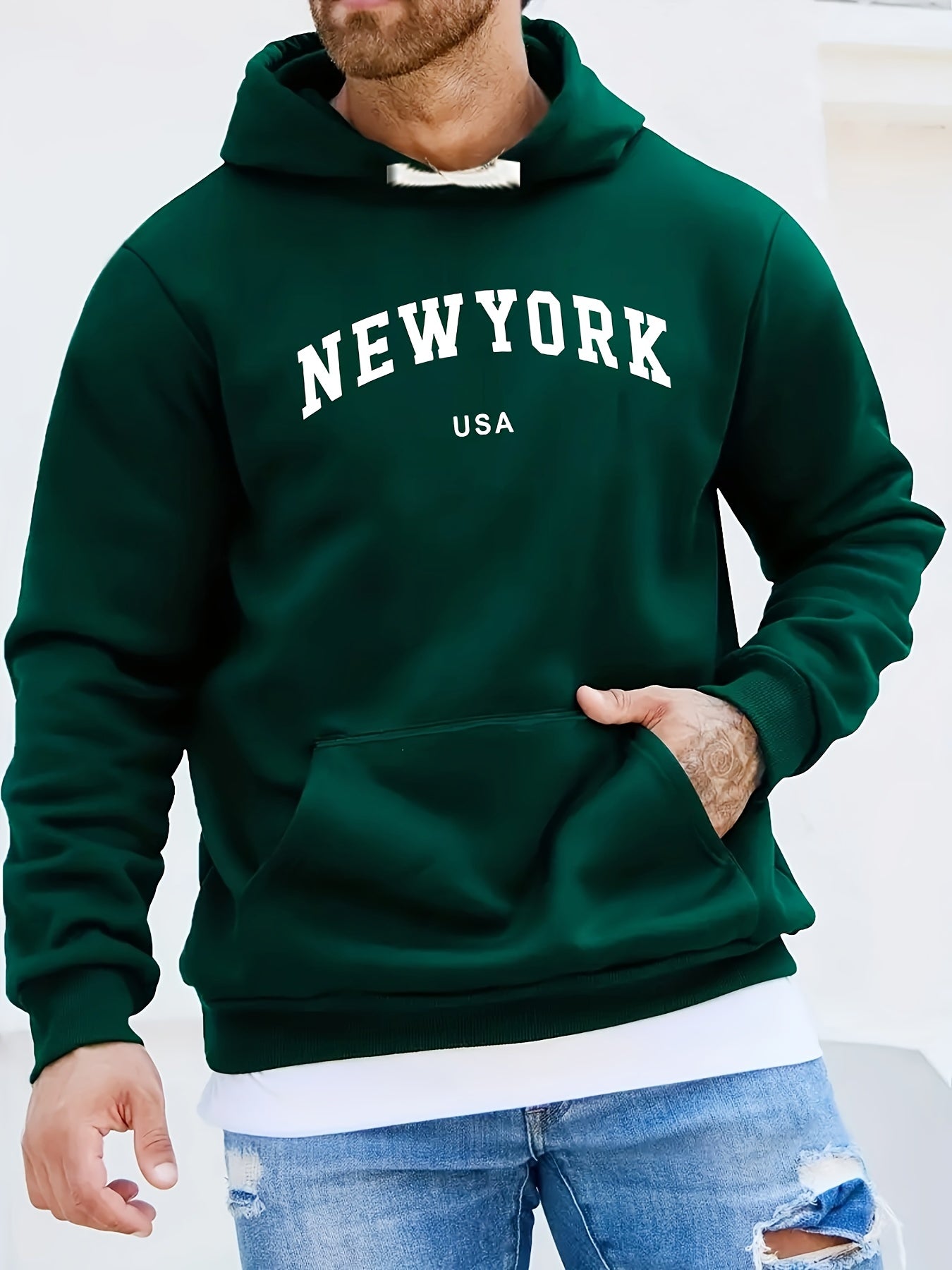 New York Print Kangaroo Pocket Hoodie, Casual Long Sleeve Hoodies Pullover Sweatshirt, Men's Clothing, For Fall Winter