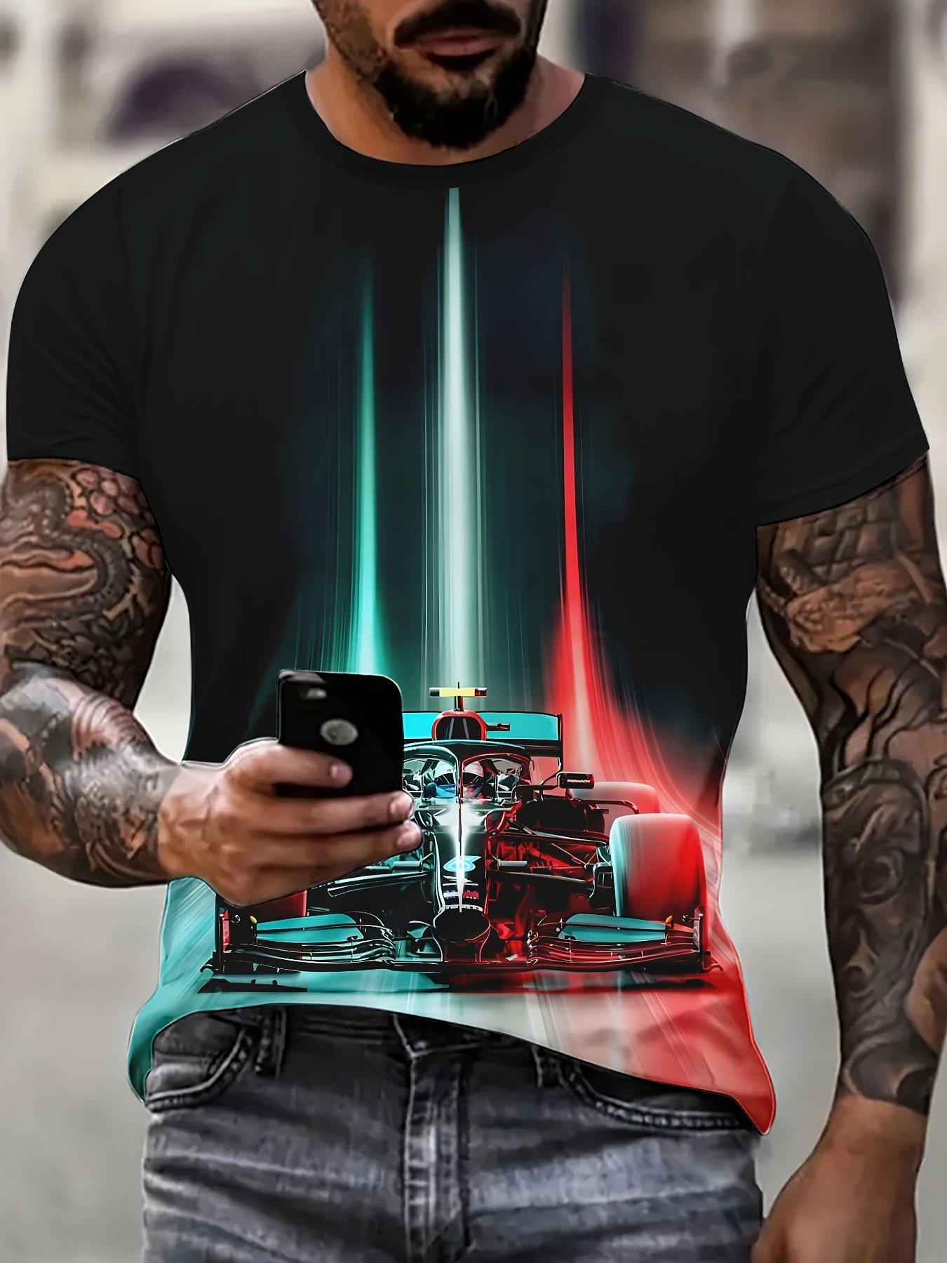 Men's Novelty 3D Race Car Digital Print T-Shirt – Short Sleeve, Polyester, Crew Neck, Regular Fit