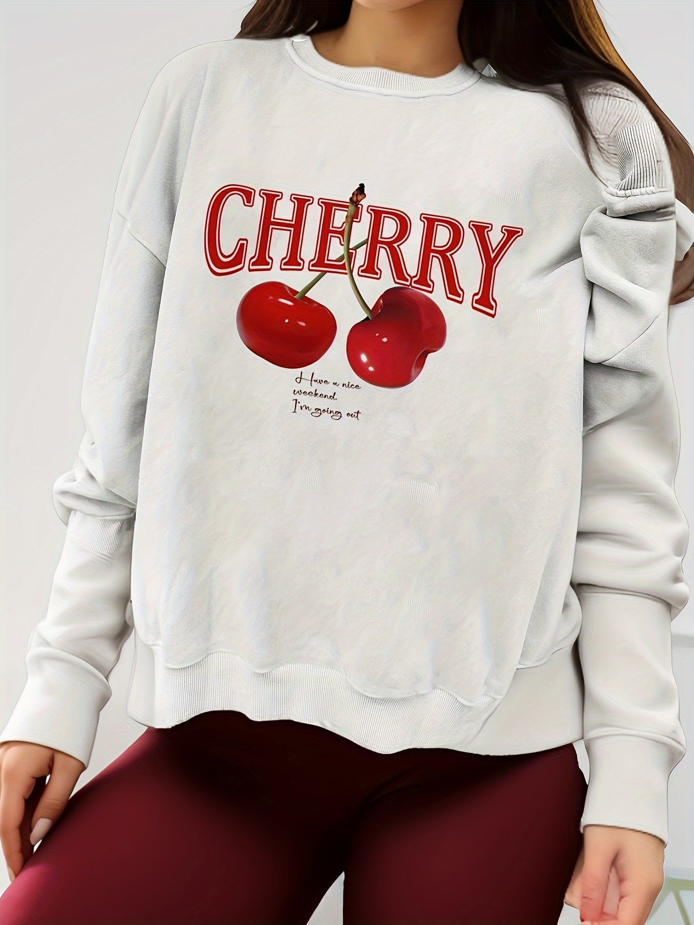 Elegant Plus Size Crew Neck Cherry Print Sweatshirt - 100% Polyester Knit Fabric, Long Sleeve, Regular Length, Medium Stretch, Fall/Winter Collection Pullover