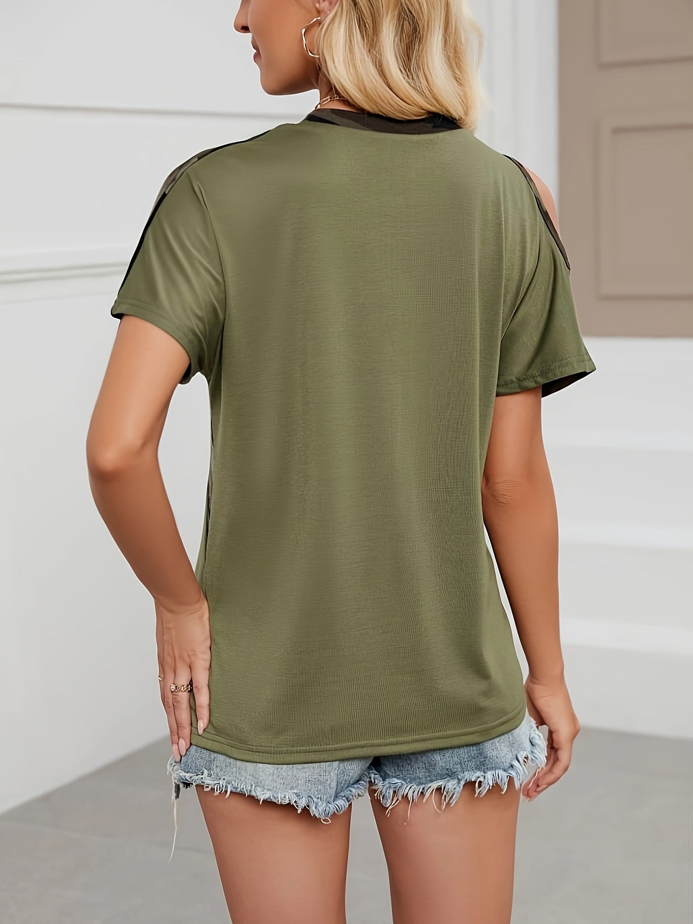 Camo Print Color Block T-Shirt, Casual Cut Out Asymmetrical T-Shirt For Spring & Summer, Women's Clothing