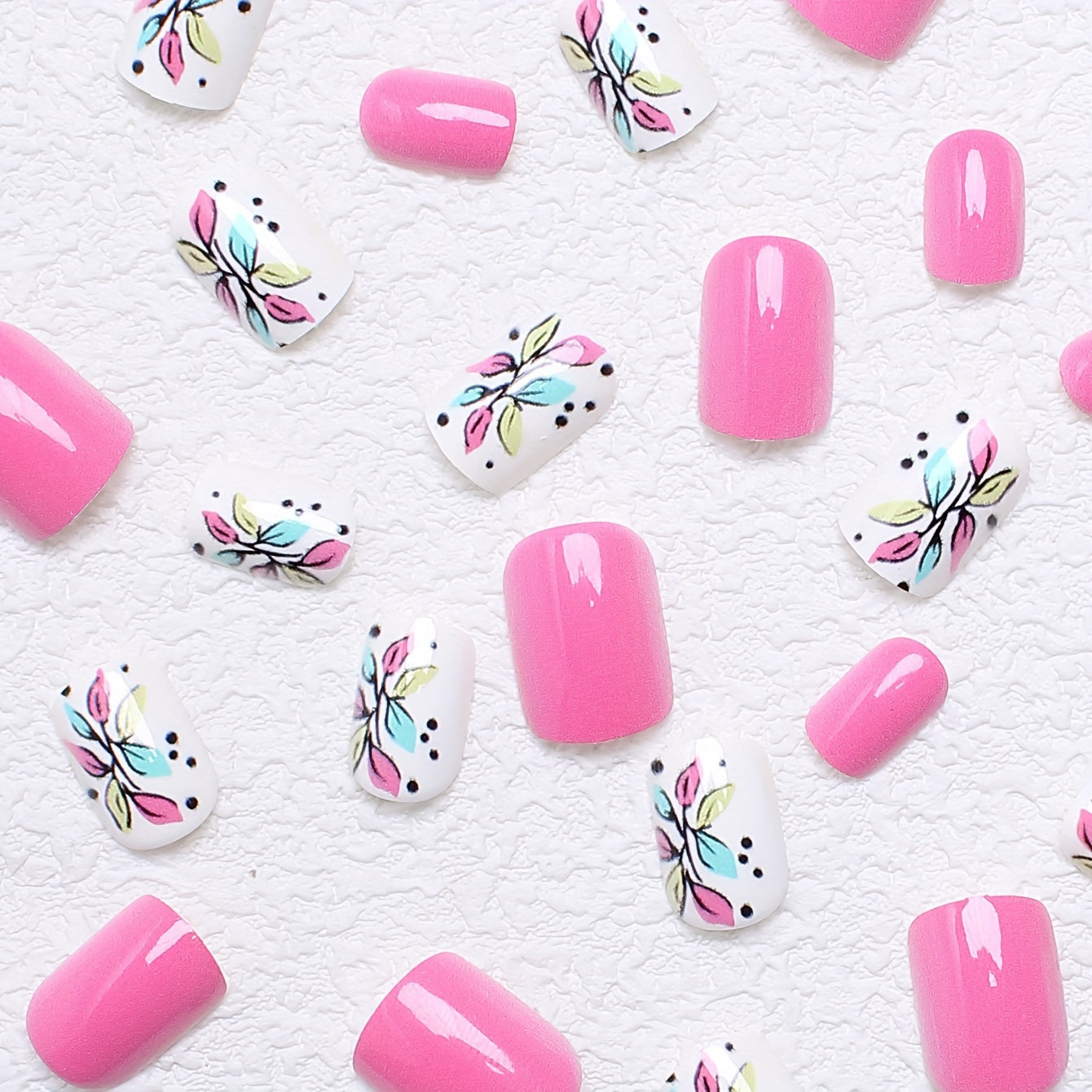 24 Pcs Square Short Press-On Nails with Glossy Finish - Mixed Color Floral Leaf Pattern in Pink Design, Perfect for Everyday Wear with Jelly Adhesive & Nail File Included