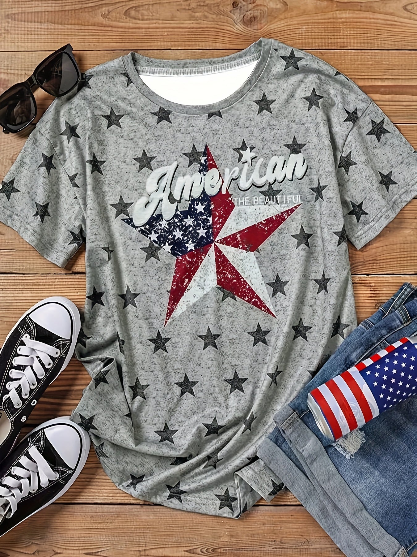 Star & Letter Print Casual T-shirt, Crew Neck Short Sleeve Top For Spring & Summer, Women's Clothing