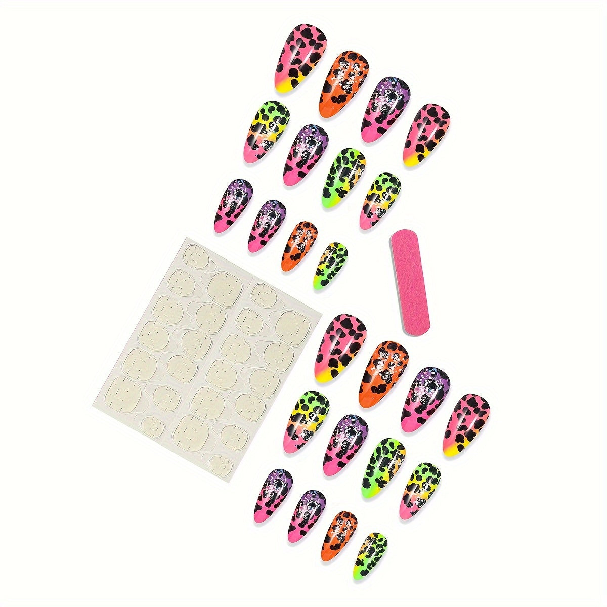 24-Piece Almond Shaped Gradient Leopard Print Press-On Nails with Glitter Finish - Mixed Color System, Medium Length, Glossy Fake Nails Set