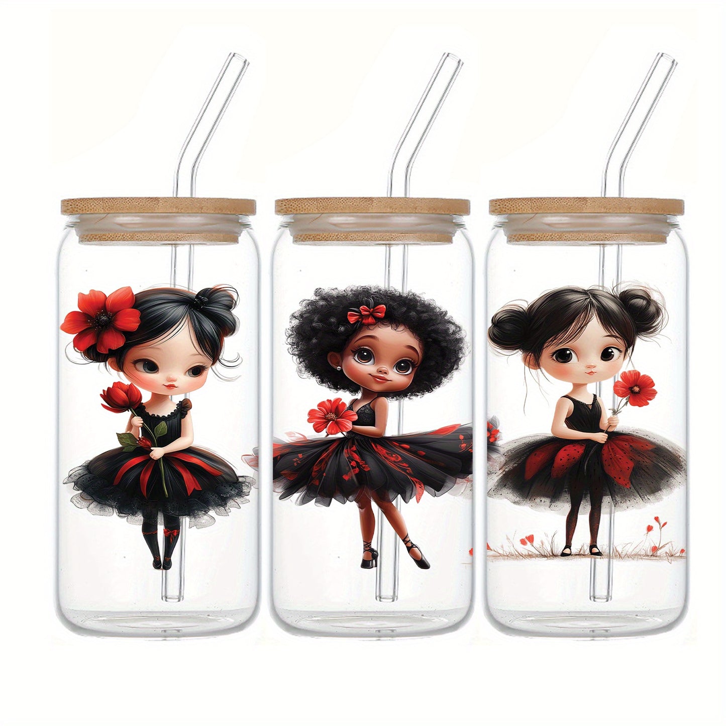 16oz Gothic Ballerina-Themed Glass Tumbler with Lid & Straw - UV-Printed, Perfect for Iced Coffee & Beer, Ideal Christmas & Valentine's Day Gift, Handwash Only, PVC-Free, Festive Holiday Party Favor