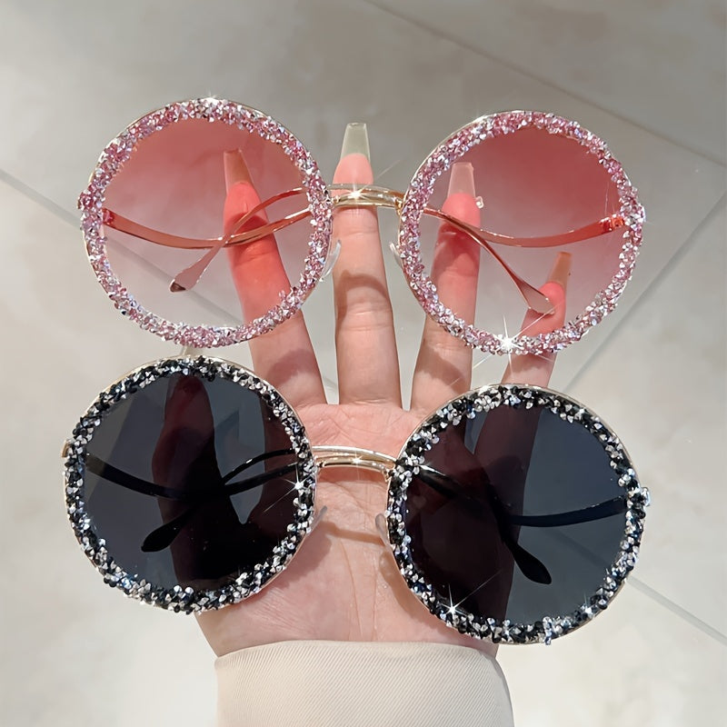 Women's Fashion Oversized Round Glasses, Metal Frame with Colorful Rhinestone Accents, Gradient Lens, PC Material, Casual Streetwear & Party Accessory