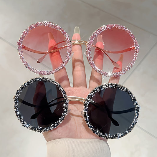 Women's Fashion Oversized Round Glasses, Metal Frame with Colorful Rhinestone Accents, Gradient Lens, PC Material, Casual Streetwear & Party Accessory