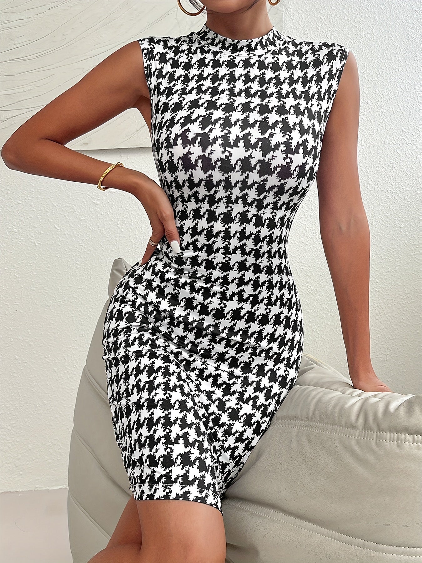 Houndstooth Print Mock Neck Bodycon Dress, Elegant Sleeveless Dress For Spring & Summer, Women's Clothing