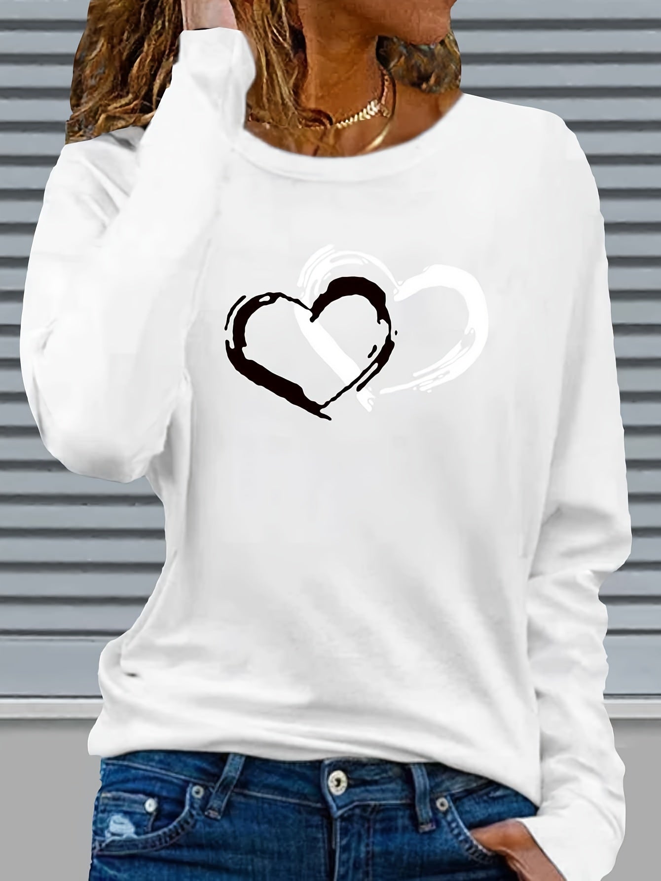 Women'S Long Sleeve T-Shirt with Heart Print, Regular Fit, Stretch Fabric, Round Neck, Casual Style, Polyester, Autumn/Winter Fashion Top