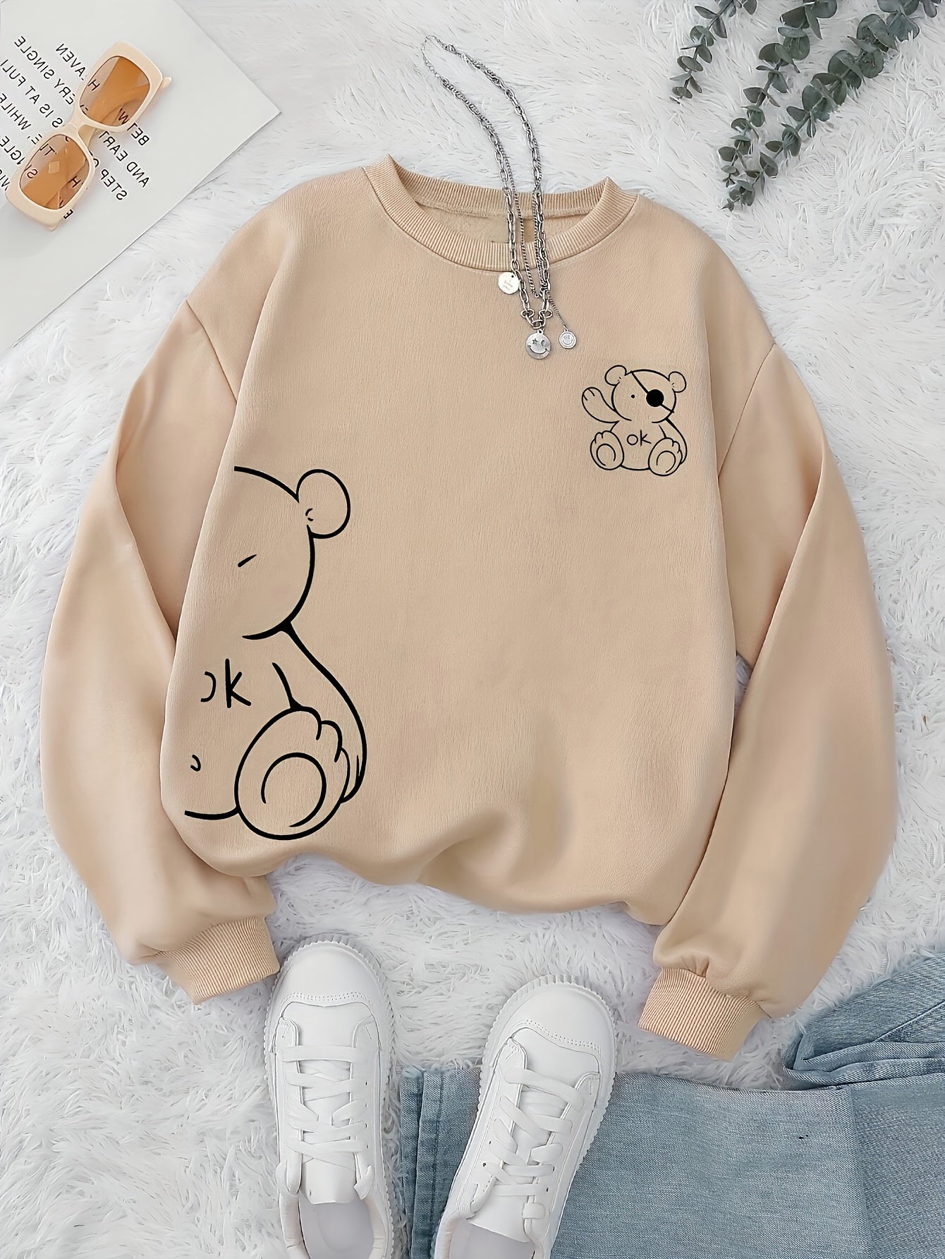 Women's Casual Cartoon Graphic Thermal Lined Sweatshirt, Polyester, Round Neck, Knit Fabric, Autumn/Winter Fashion Hoodie