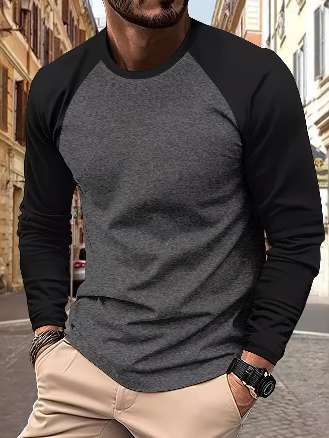 Men's Long Sleeve Crew Neck Sportswear Shirt, Fashionable Color Block Round Neck Men's Shirt, Spring Fall