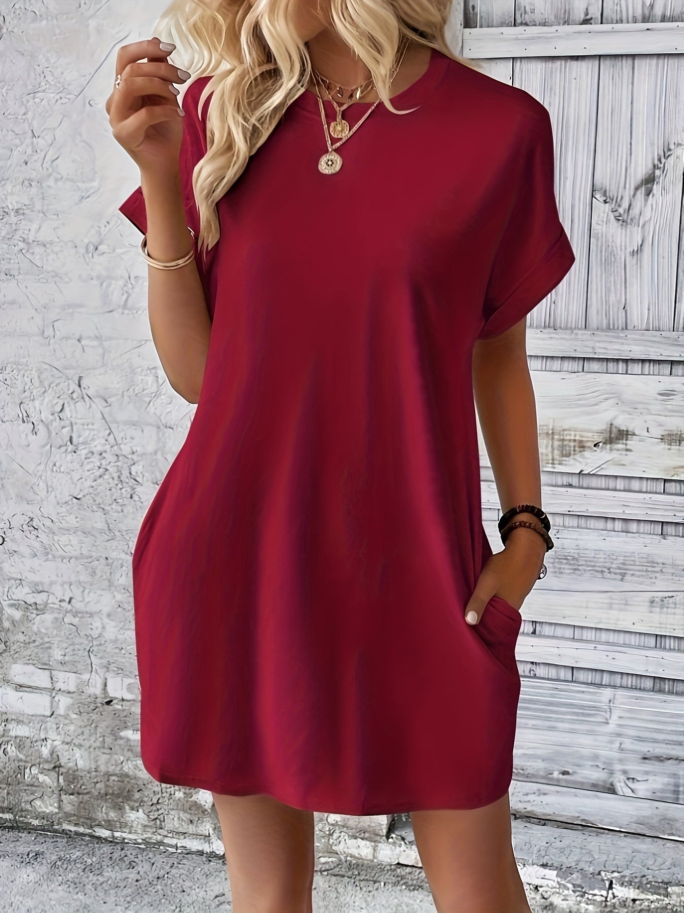 Solid Color Crew Neck Dress, Elegant Pocket Batwing Sleeve Dress For Spring & Summer, Women's Clothing