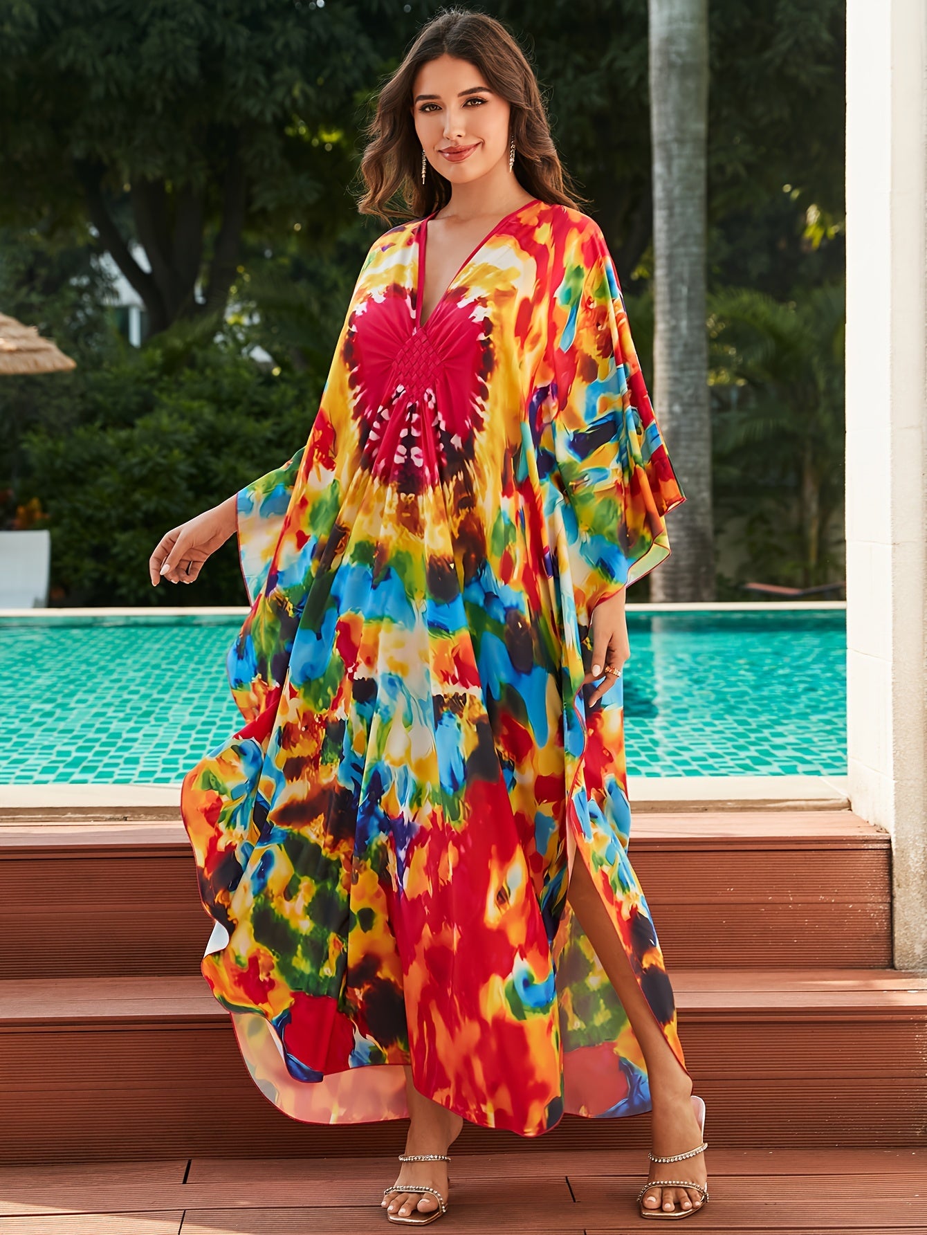 Women's Boho Style Cover Up, Plus Size Tie Dye V Neck Loose Fit Split Beach Kaftan Dress