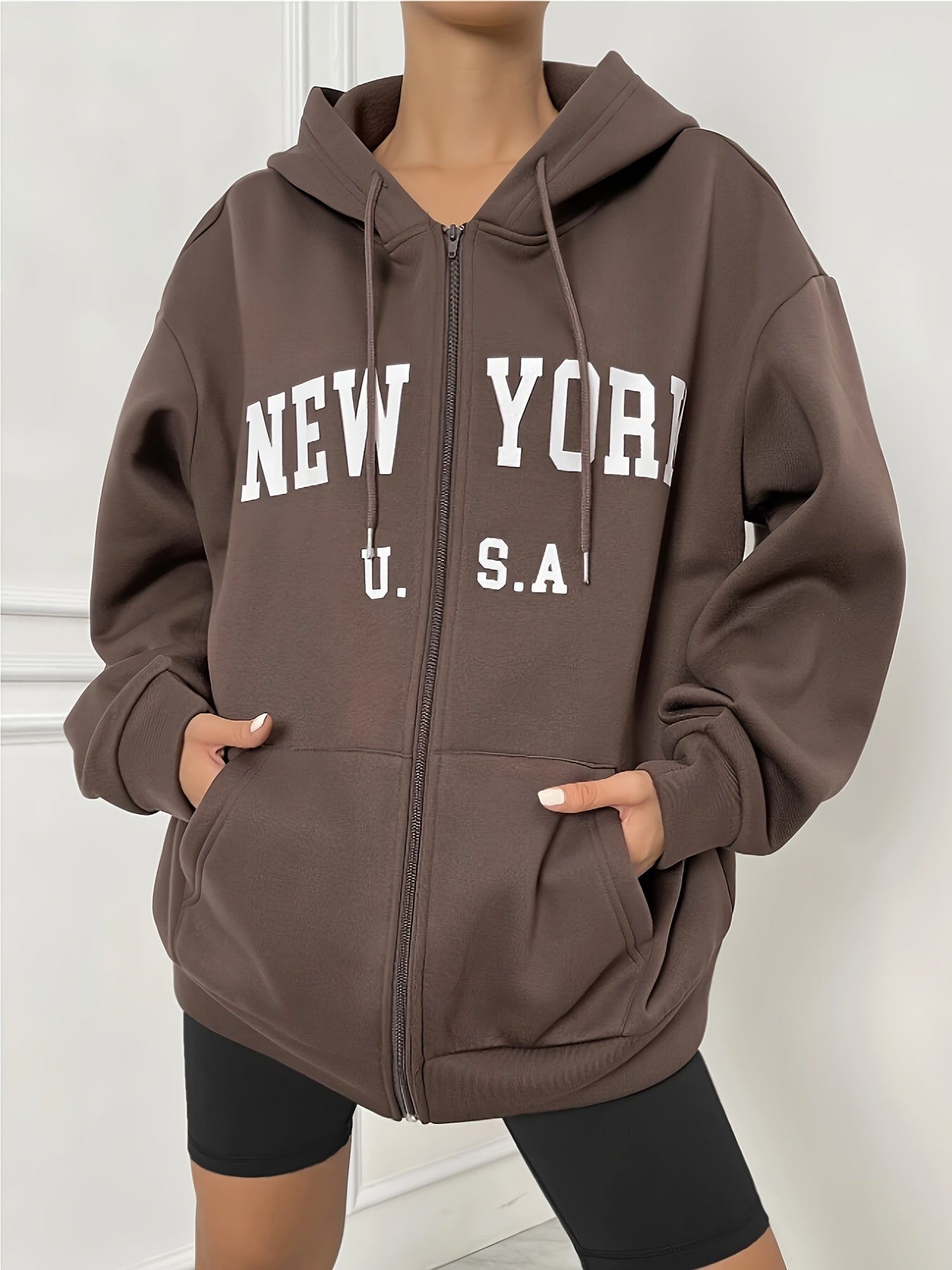 Letter Print Hoodie With Pocket, Casual Zip Up Long Sleeve Drawstring Hooded Jacket, Women's Clothing