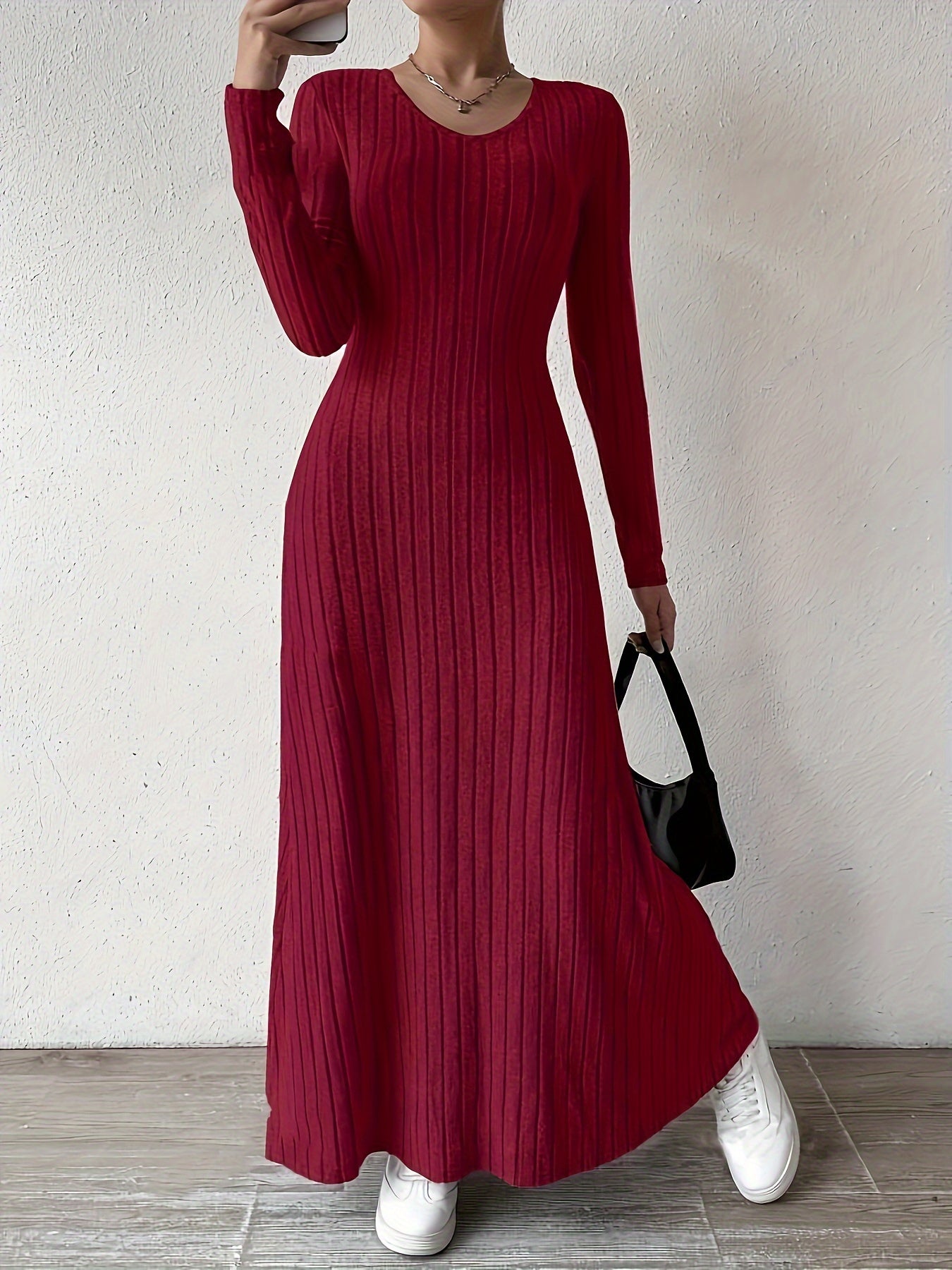 Ribbed Crew Neck Sweater Dress, Elegant Long Sleeve Ankle Dress For Fall ＆ Winter, Women's Clothing