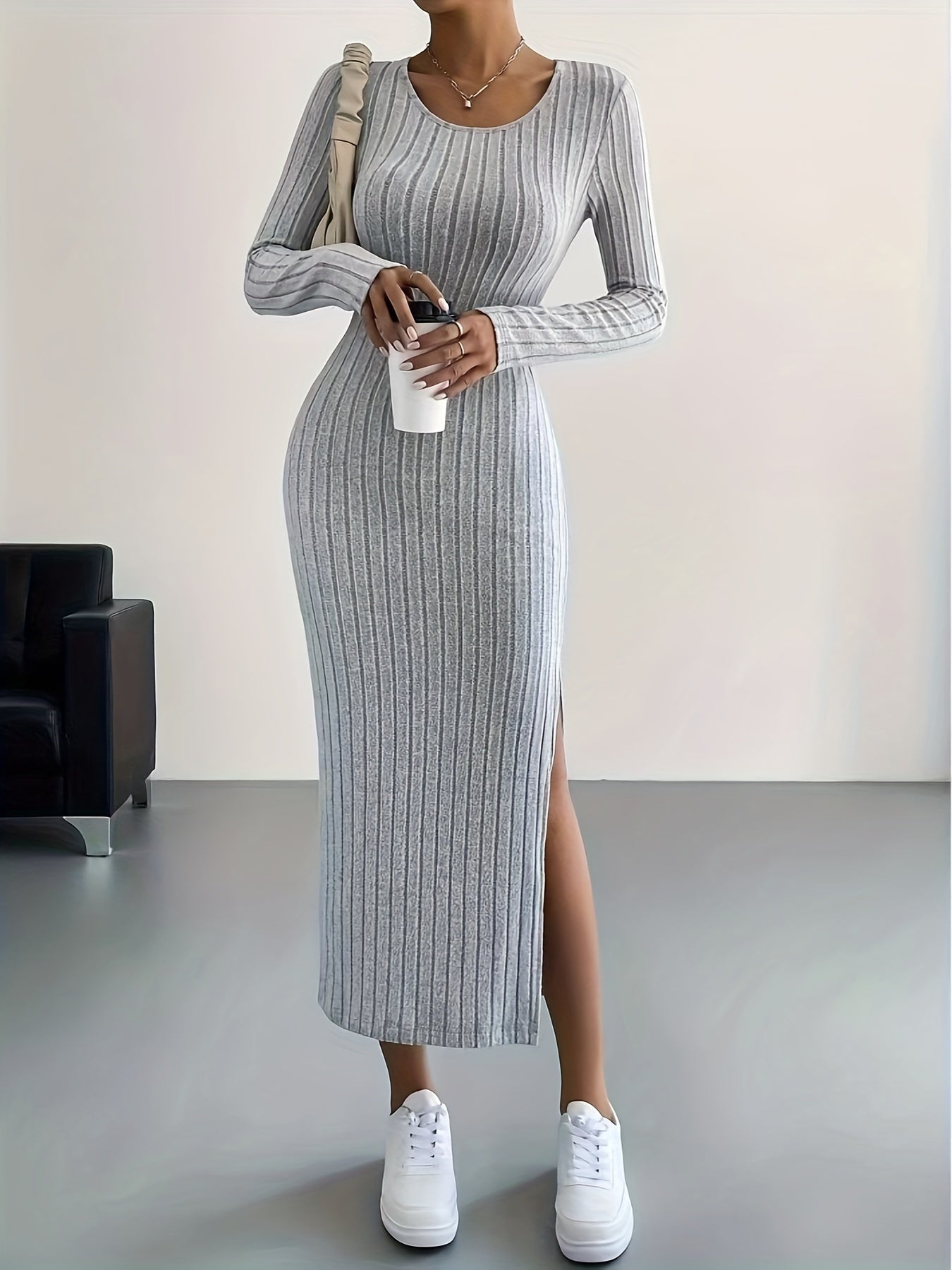 Ribbed Knit Long Sleeve Dress, Casual Crew Neck Split Hem Slim Dress, Women's Clothing