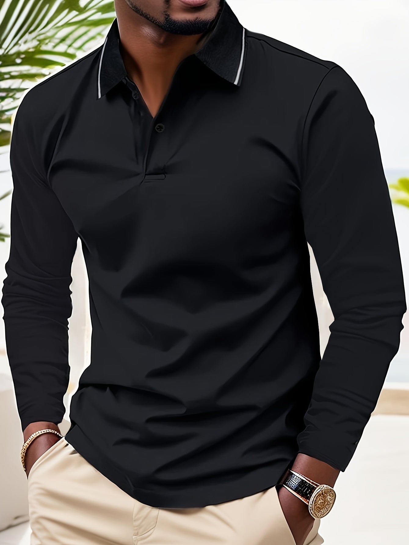 Men's Casual V-Neck Long Sleeve Rugby Shirt For Spring Autumn, Men's Clothing