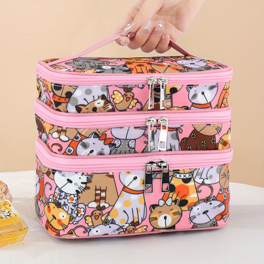 Large Capacity 3-Layer Cat Print Cosmetic Bag, Portable Multi-Functional Organizer with Convenient Carry Handle, Unscented Artificial Leather Makeup Pouch