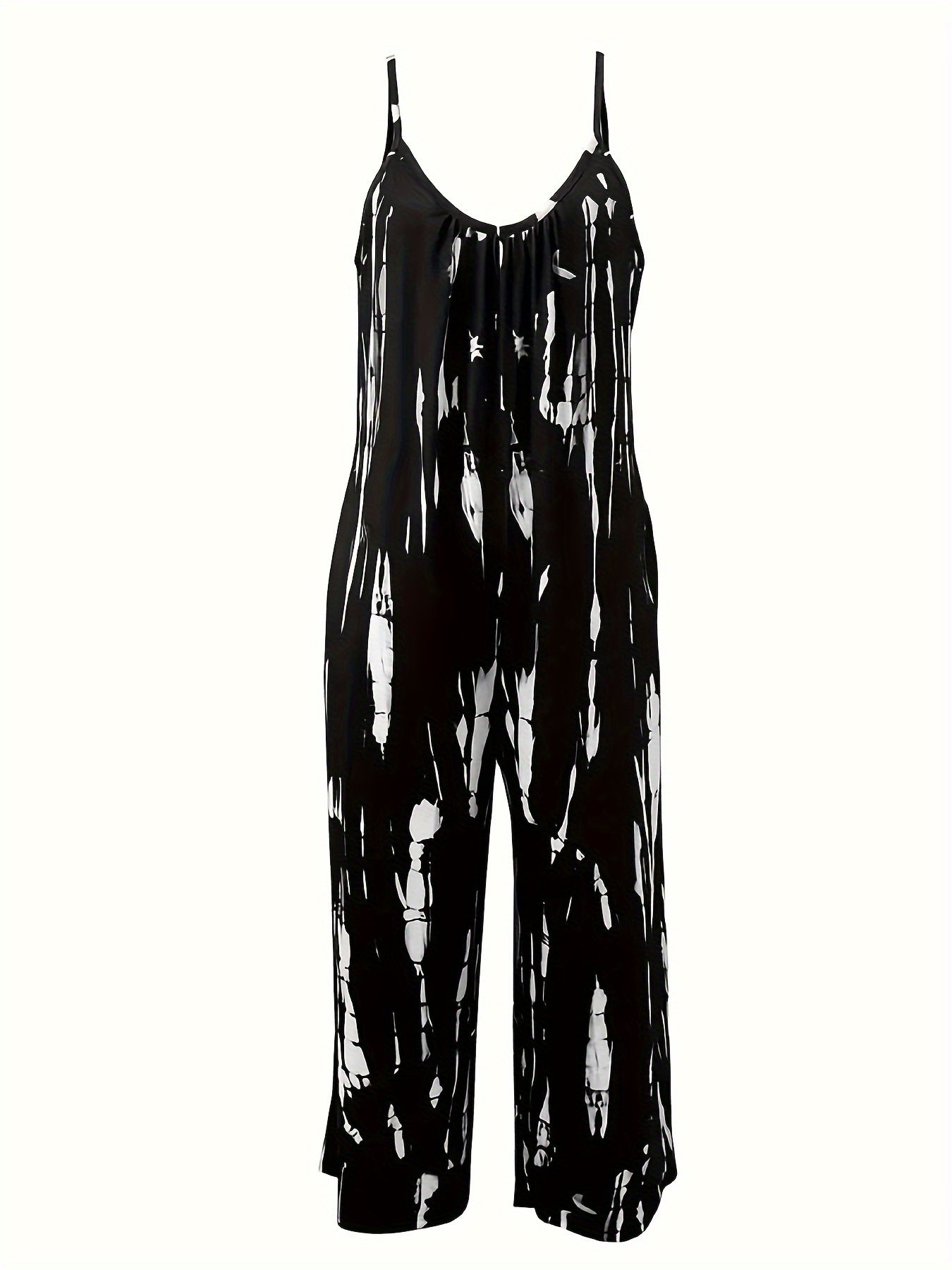 Tie Dye Spaghetti Strap Jumpsuit, Casual Sleeveless Dual Pockets Wide Leg Jumpsuit For Spring & Summer, Women's Clothing