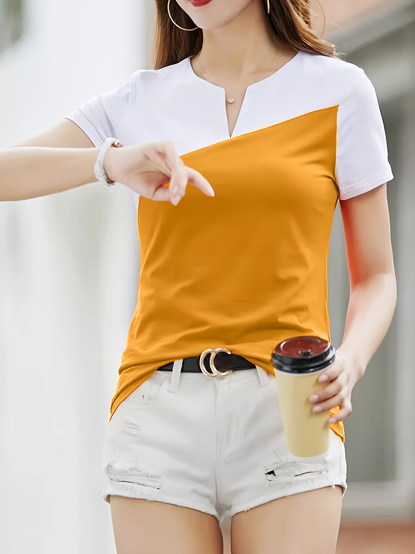 Color Block Notched Neck T-Shirt, Chic Short Sleeve T-Shirt For Spring & Summer, Women's Clothing