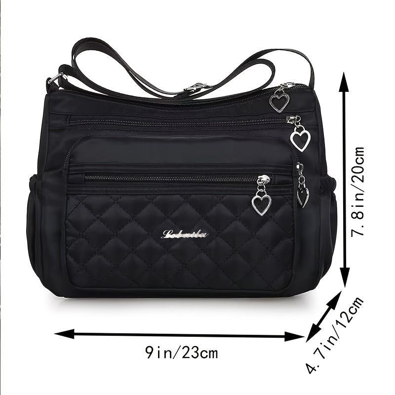 Chic Black Nylon Crossbody Bag for Women - Waterproof, Adjustable Strap, Lightweight with Quilted Design & Zip Closure