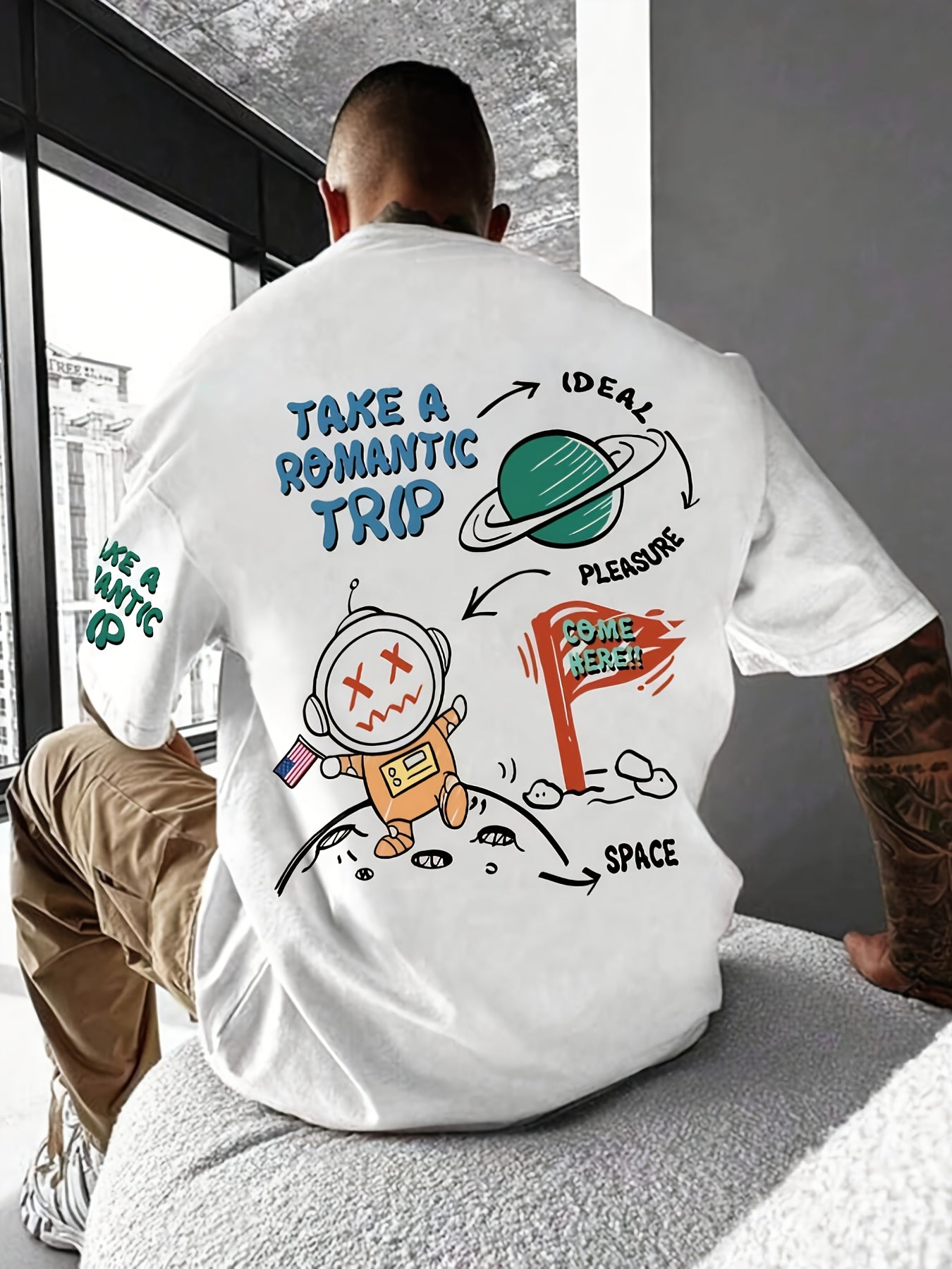 Men's Astronaut Cartoon Print Crew Neck T-Shirt Polyester Knit Fabric with Slight Stretch, Geometric Pattern Street Style Tee for Summer - Regular Fit Short Sleeve Casual Shirt