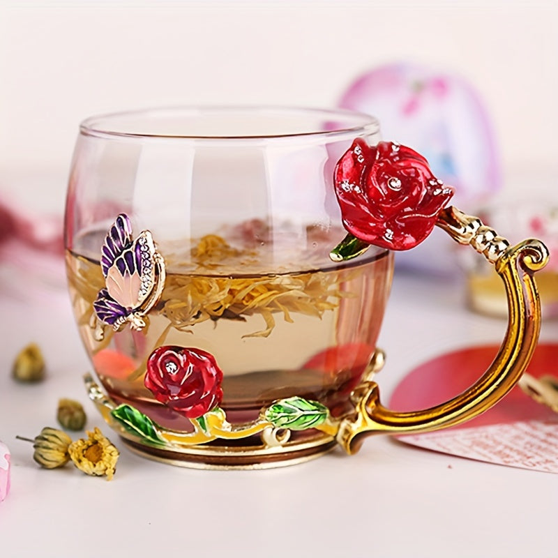 1pc, Glass Mug With Floral Design, , Reusable Clear Glass Cups For Espresso, Cappuccino, Tea, Juice, And More, Perfect Holiday Gift, Birthday Gift, Household Gadgets