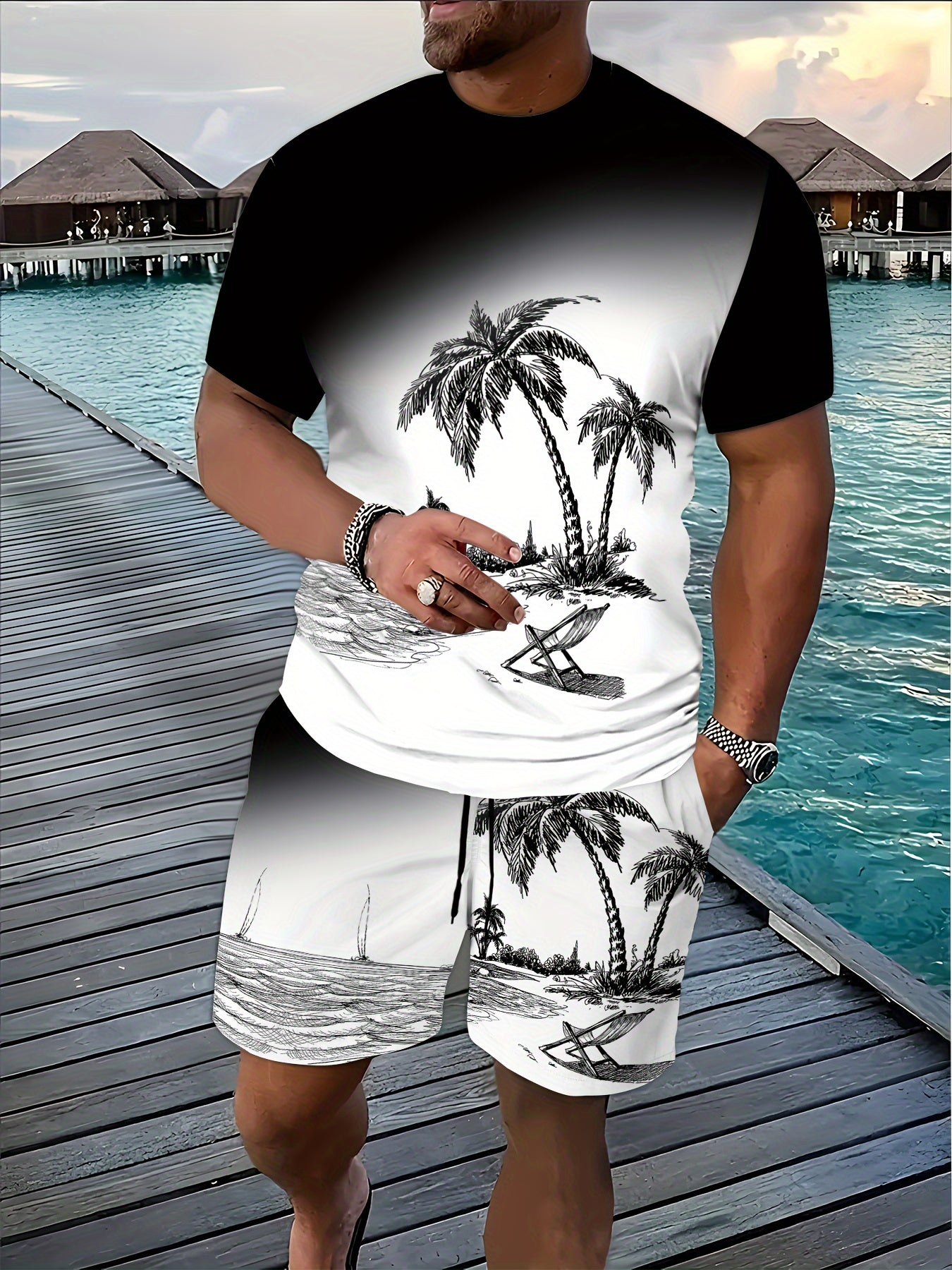 2-piece Men's Summer Short Sleeve Shorts Set, Novelty Gradient Coconut Tree Pattern Print Men's Short Sleeve Crew Neck T-shirt & Matching Pattern Shorts