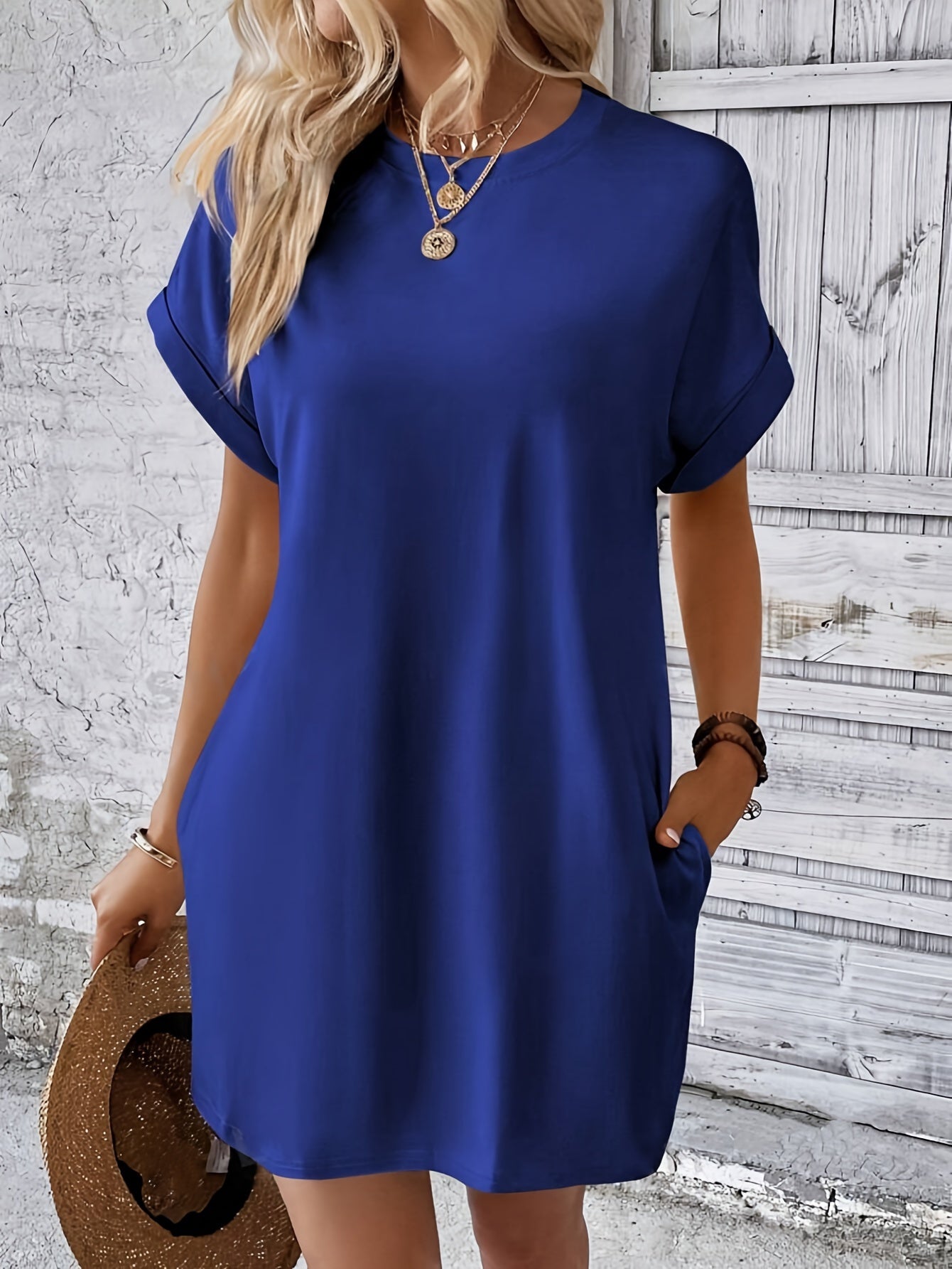 Crew Neck With Pocket Dress, Casual Short Sleeve Dress For Spring & Summer, Women's Clothing For Elegant Dressing