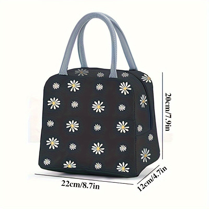 Chic Daisy Insulated Lunch Bag - Portable Thermal Bento Box Carrier for Work, School & Picnic - Durable Oxford Fabric with Zip Closure - Gray/Black