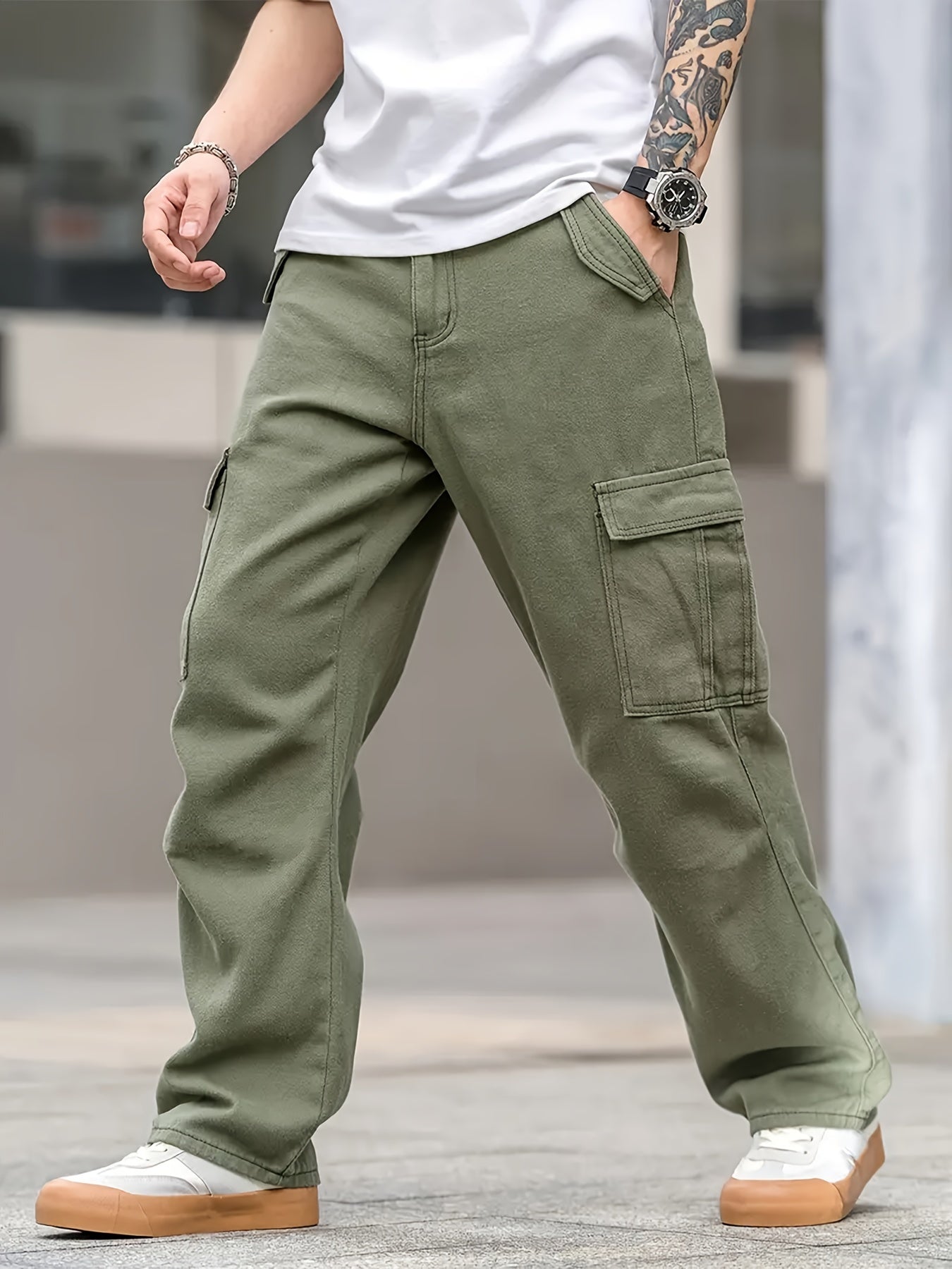 Men's Casual Rayon Blend Straight-Leg Pants with Pockets - Machine Washable, Non-Stretch Fabric for All Seasons