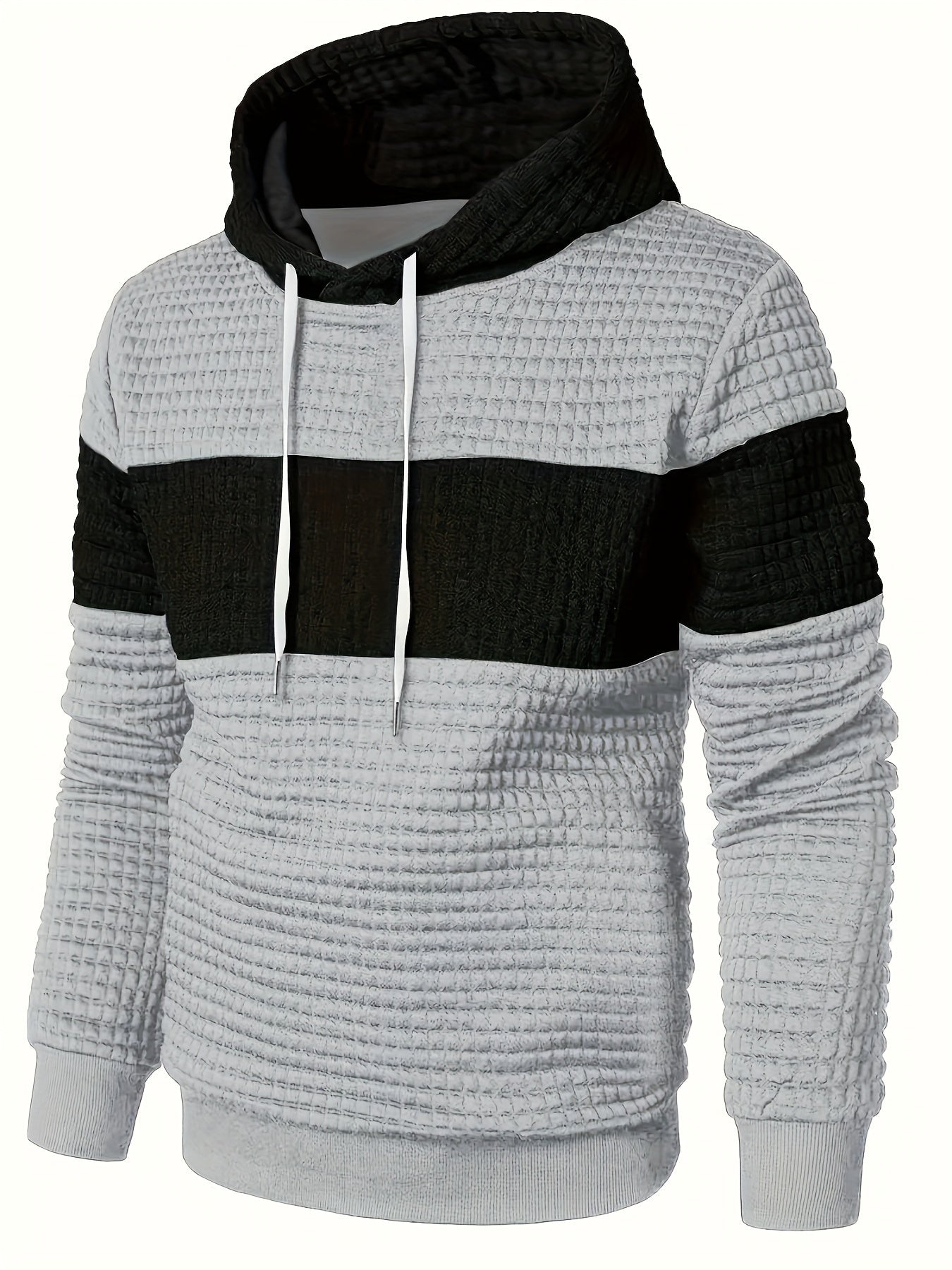 Men'S Color Block Hoodie, Casual Polyester Knit Sweatshirt with Stretch Fabric, Regular Fit, Long Sleeve, All-Season, Pullover Style, Fashionable Plaid Pattern, for Daily and Leisure Wear