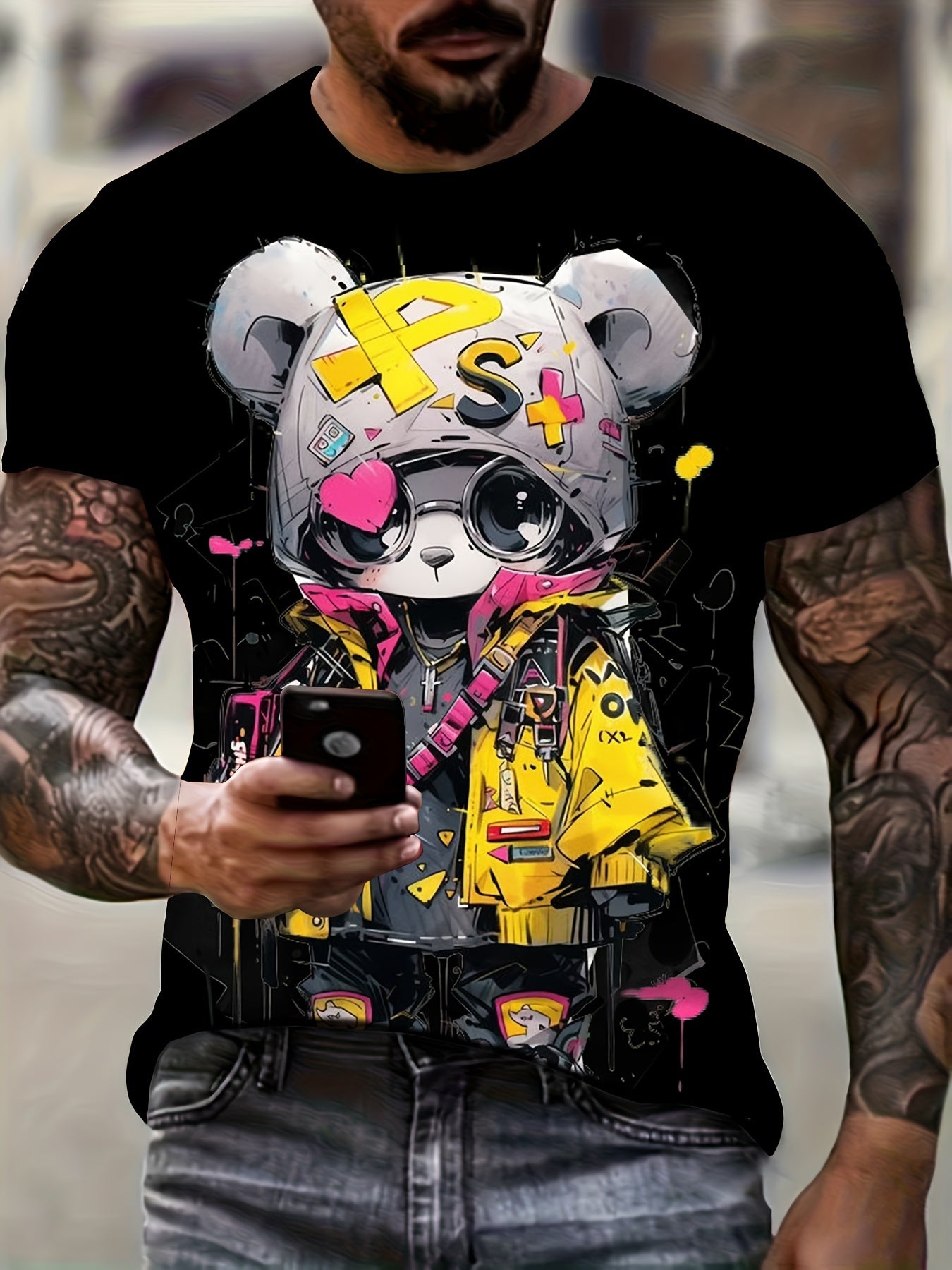 Summer Fashion Cool Bear Cartoon Print Crew Neck T-Shirt for Men - Casual Short Sleeve Polyester Top with Slight Stretch for Daily, Sports & Vacation