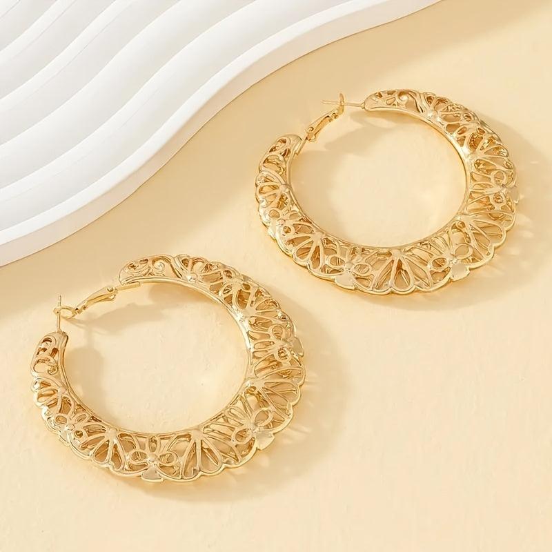 Boho Chic Simple 14K Golden Plated Hollow Filigree Hoop Earrings, Iron Crafted Daily Wear Ear Studs for Women - No Stone Detail, Versatile for All Seasons