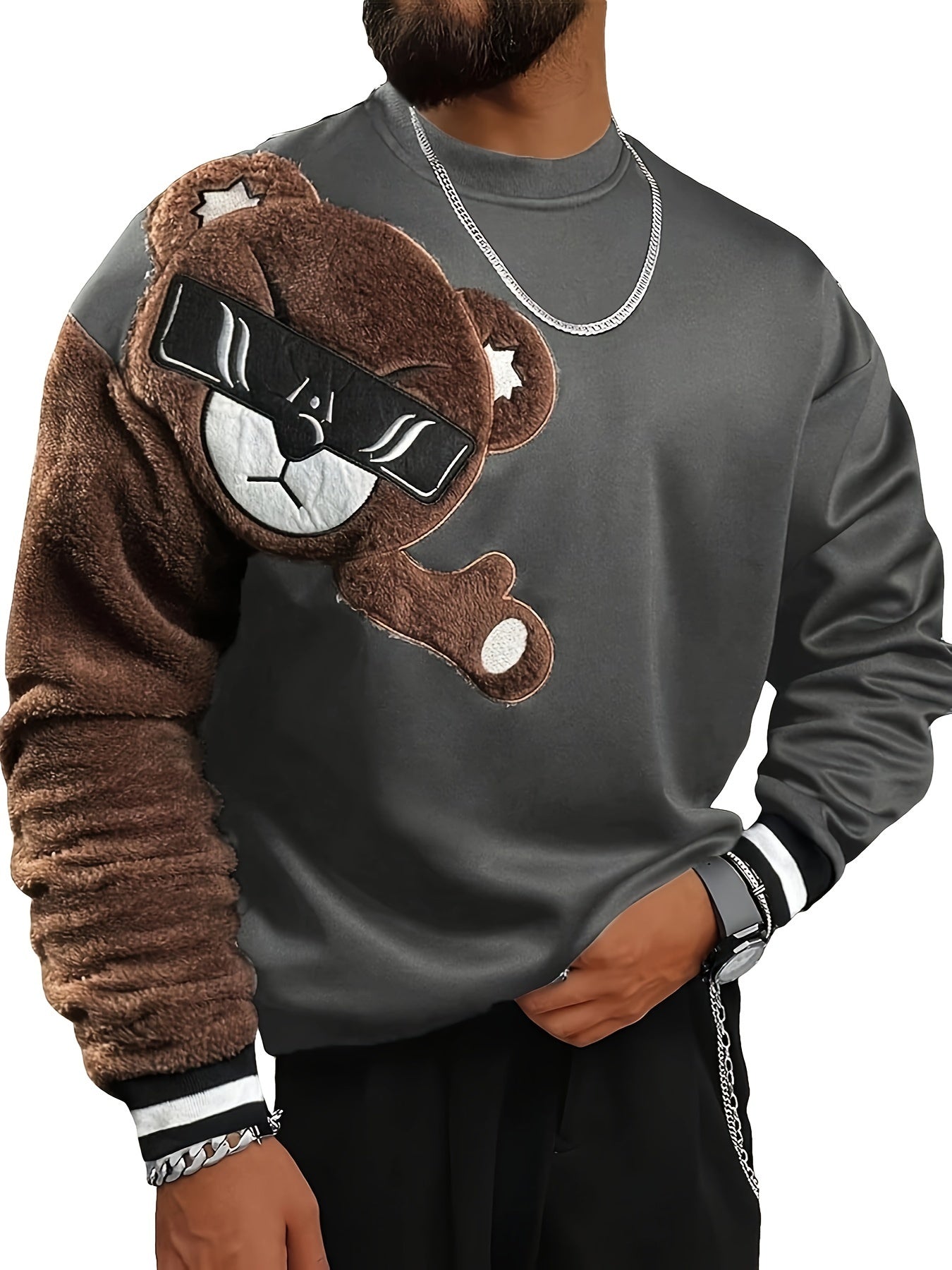 1pc Men'S Casual Cartoon Bear Embroidery Sweatshirt, Polyester Knit Pullover with Round Neck and Regular Fit