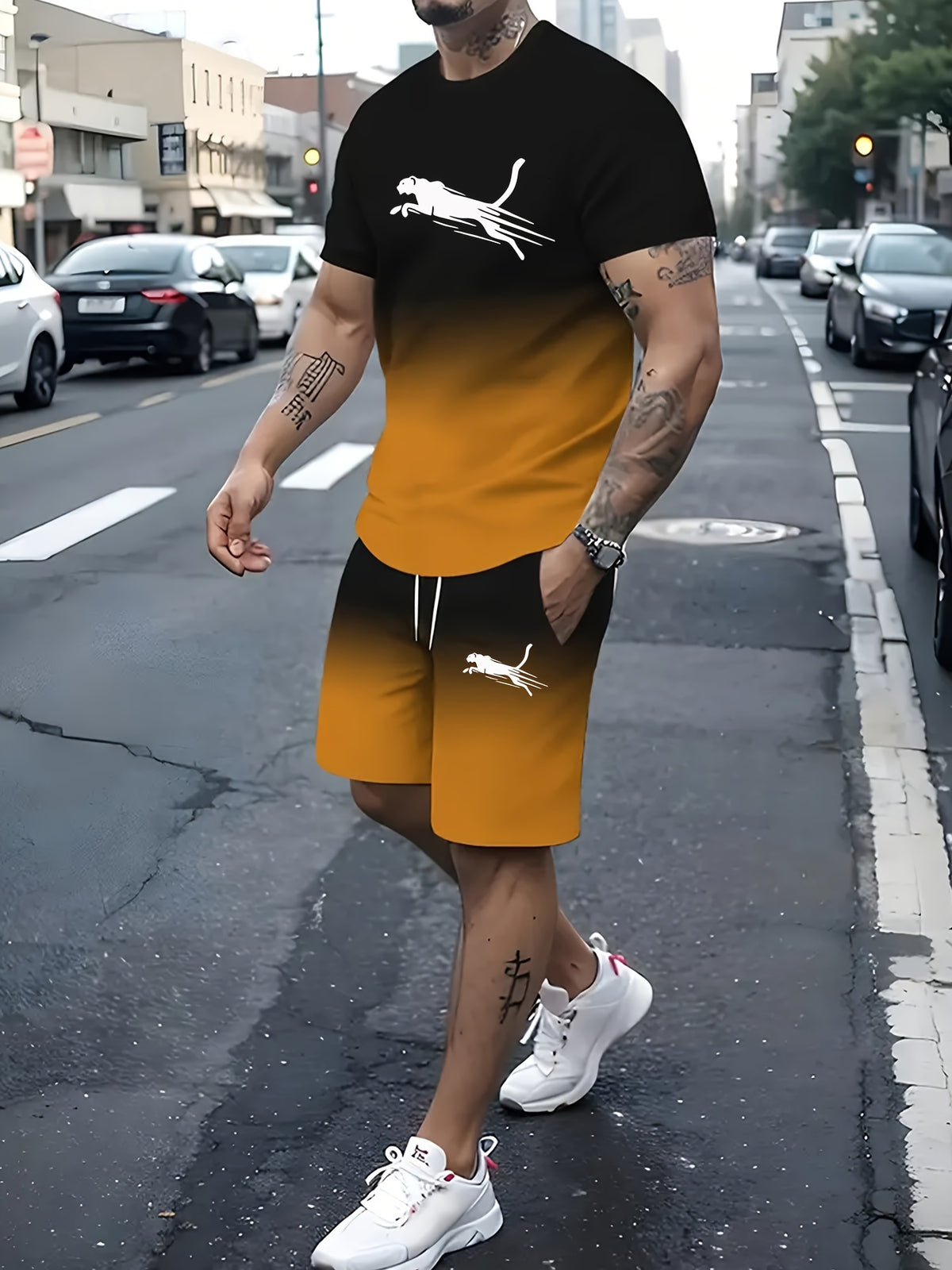 2-piece Men's Gradient Summer Outfit Set, Men's Short Sleeve Crew Neck T-shirt & Elastic Waist Shorts With Pockets