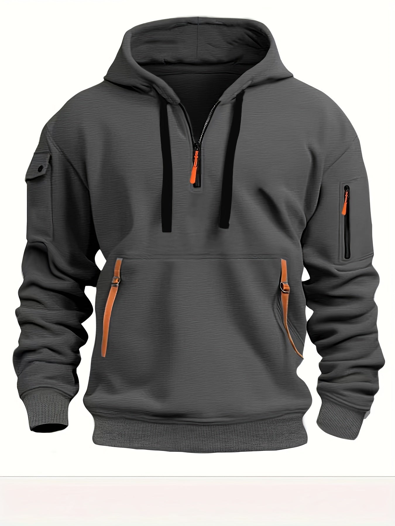 Men's Solid Hooded Long Sleeve Half Zip Sweatshirt With A Kangaroo Pocket And Multiple Zipper, Versatile Hoodie For Sports And Outdoors Activities