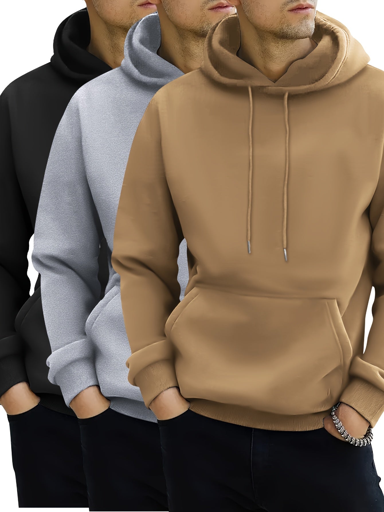 3pcs Men's Hoodies - Solid Color, Drawstring & Kangaroo Pocket | Casual Sportswear for Spring/Fall