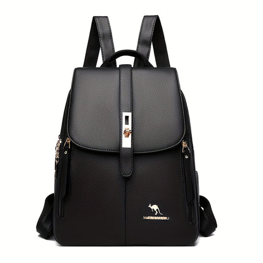 Women Large Capacity Backpack, Solid Color Buckle Decor Daypack, Simple PU Leather SchoolBag For Outdoor & Travel