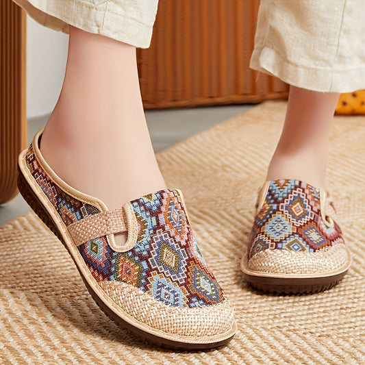 Geometric Print Shoes for Women, Half-Slip Everyday Comfortable Mules, Colorful Embroidered Shoes for Women, Fashionable Closed Toe, Non-Slip Soft Sole