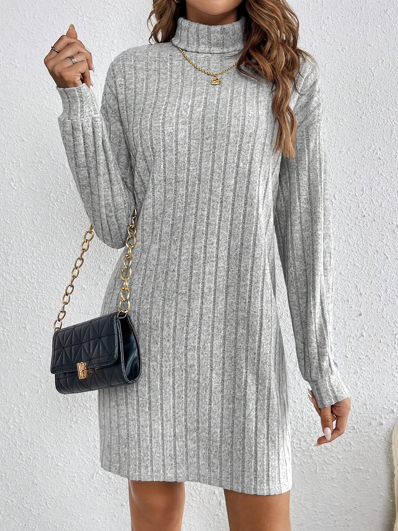 Ribbed Turtleneck Plain Color Dress, Elegant Long Sleeve Dress For Spring & Fall, Women's Clothing